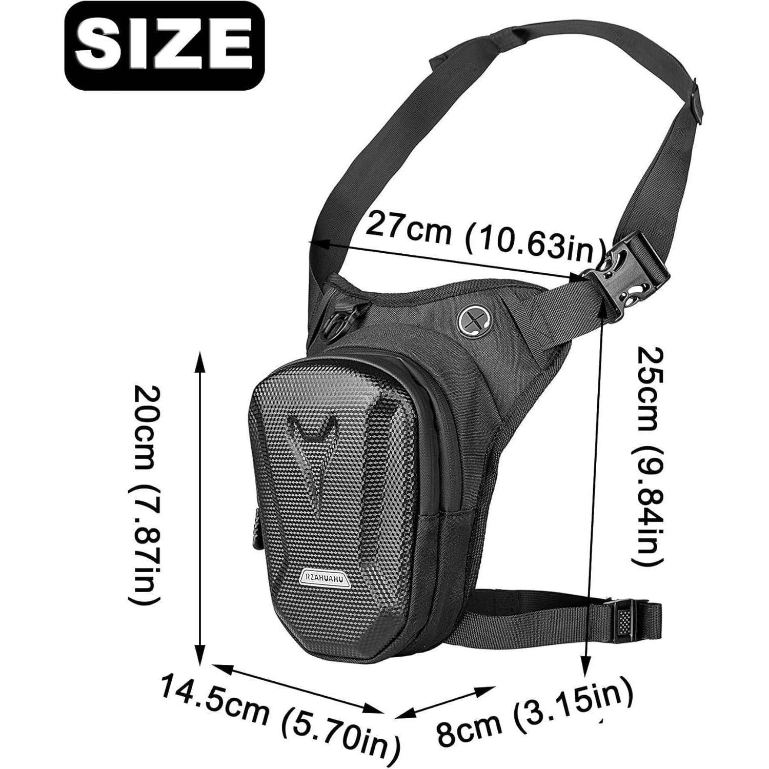 Größendiagramm einer schwarzen Beinholster-Tasche mit den folgenden Abmessungen: 27 cm breit, 25 cm hoch, 20 cm Höhe, 14,5 cm Bodenbreite und 8 cm Tiefe.
