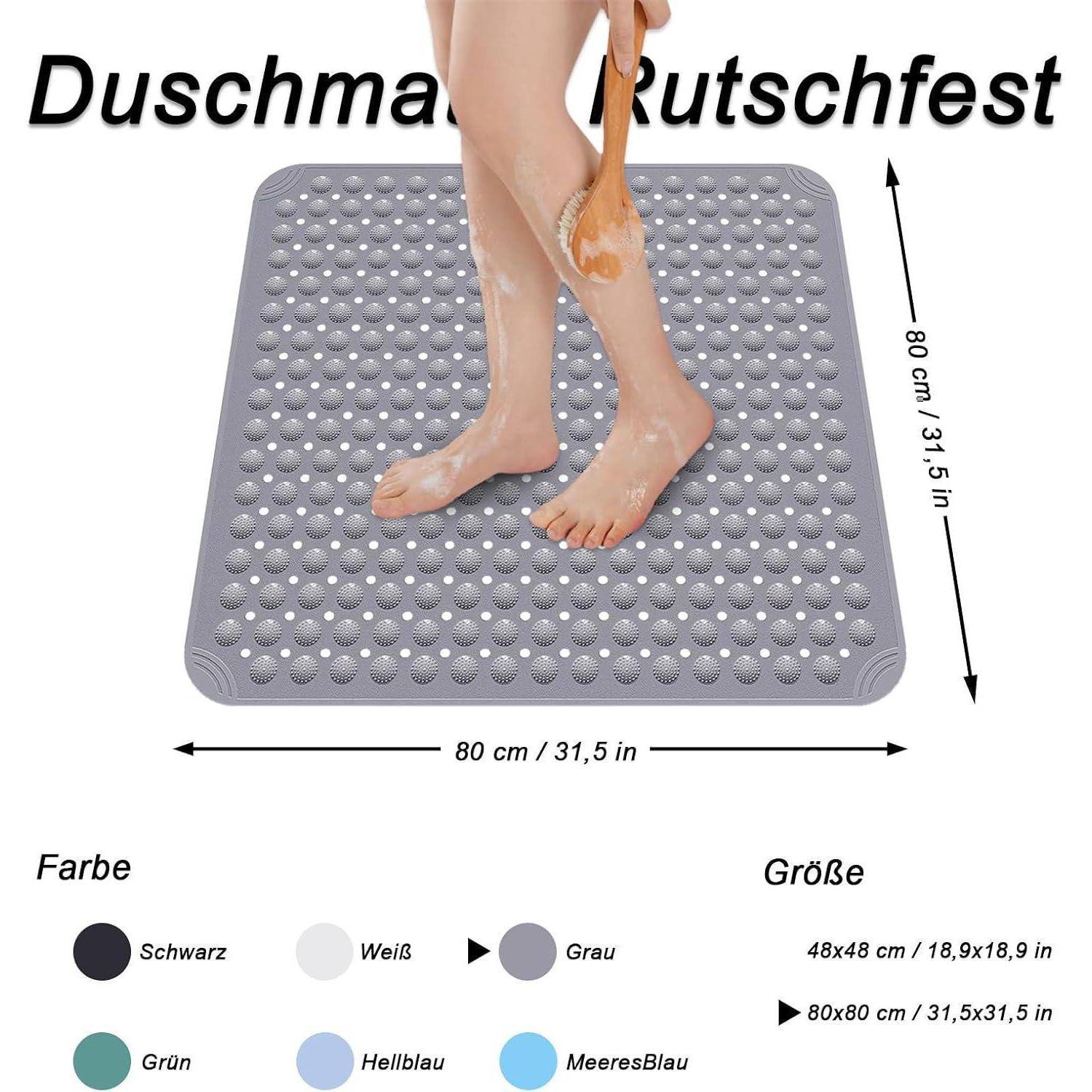 Produktbild einer grauen rutschfesten Duschmatte, die gerade gewaschen wird; beschriftet mit „Duschmatte