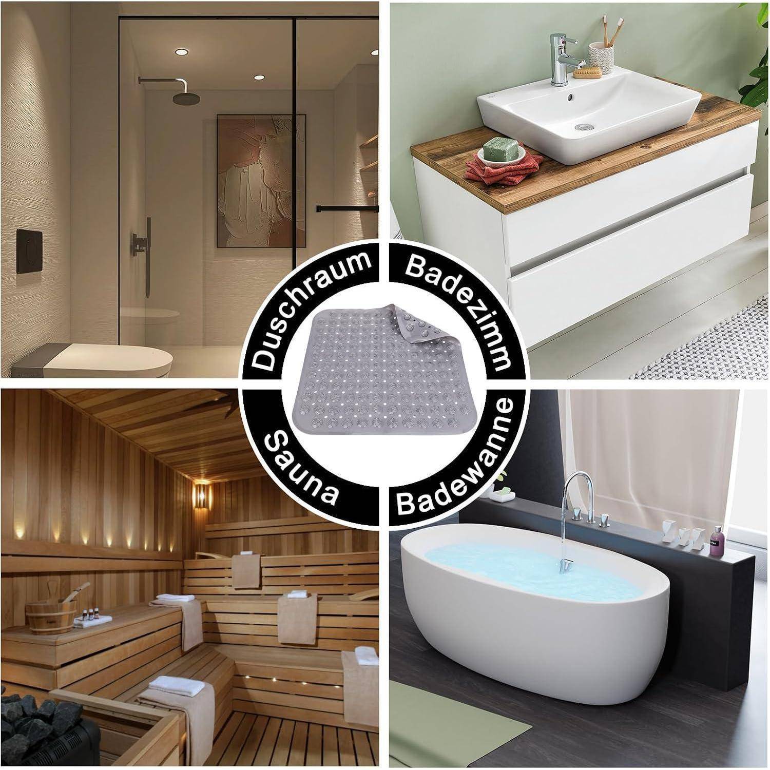Collage einer Badmatte in Verwendung in verschiedenen Badezimmerbereichen, Duschraum, Badezimmer, Sauna und Badewanne, mit den deutschen Bezeichnungen 'Duschraum', 'Badezimmer', 'Sauna' und 'Badewanne'.