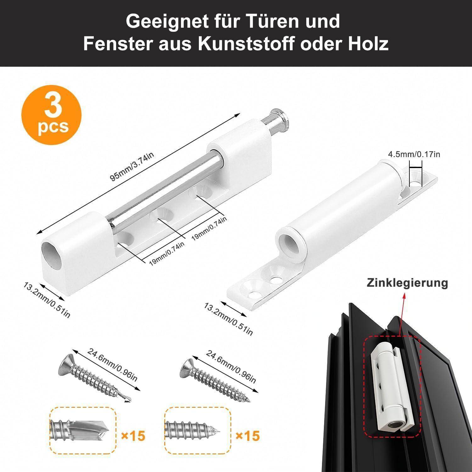 Abbildung zeigt einen 3-teiligen Türscharnier-Satz für Kunststoff- oder Holzfenster und -türen, mit Schrauben im Lieferumfang enthalten und Maßen in Millimetern und Zoll gekennzeichnet.