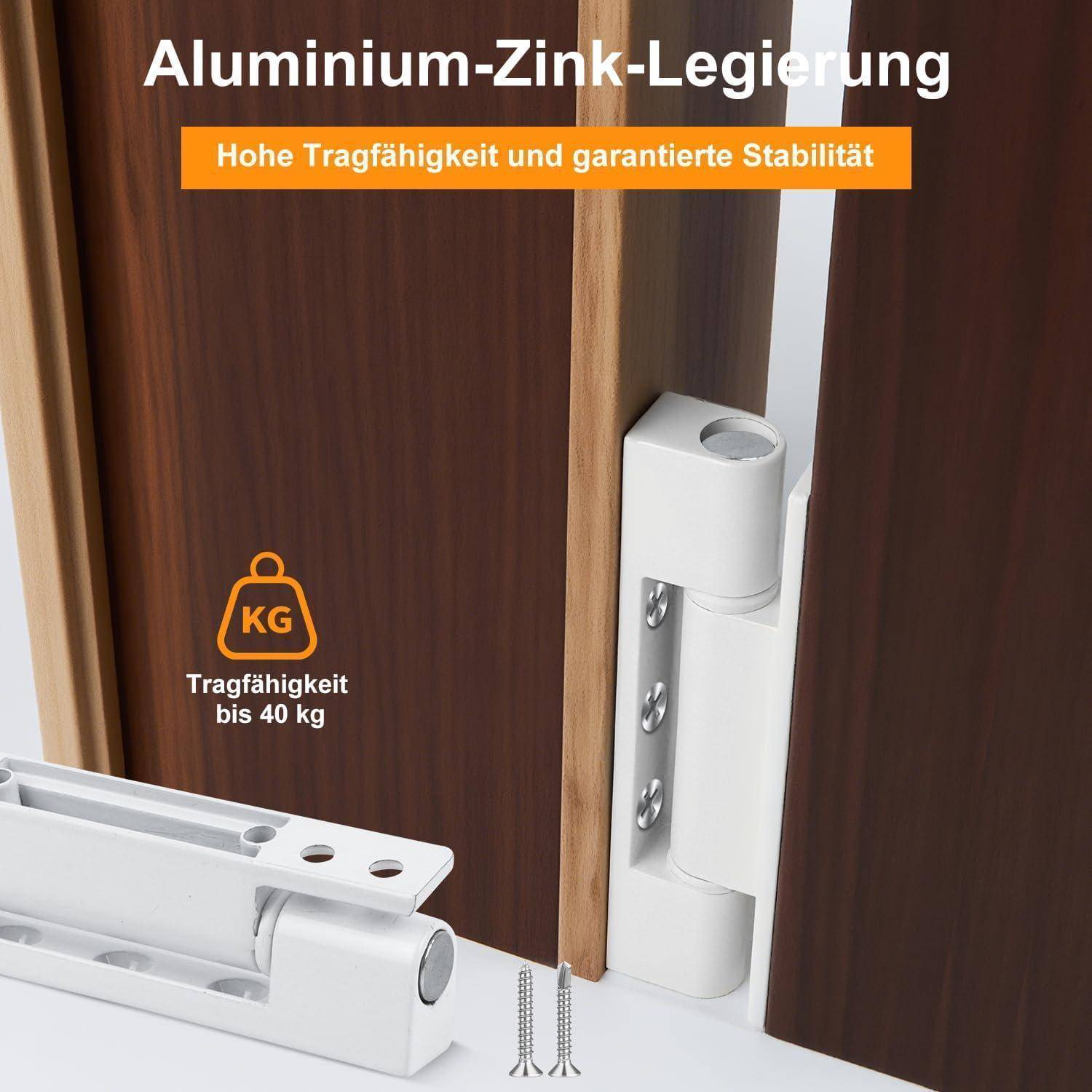 Produktbild eines weißen Aluminium-Zink-Türscharniers, das an einem Holzschrank angebracht ist, gekennzeichnet mit den deutschen Bezeichnungen „Aluminium-Zink-Legierung