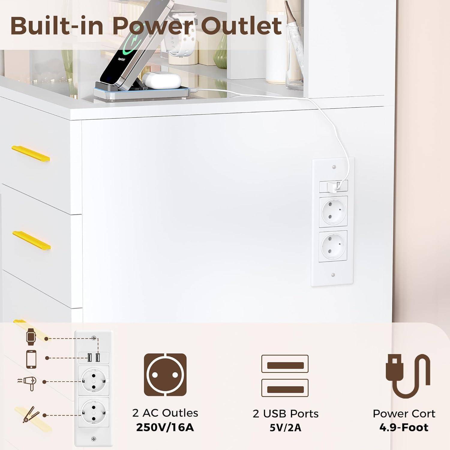 Eingebaute Steckdose auf einem weißen Schrank mit zwei AC-Steckdosen, zwei USB-Anschlüssen und einem 1,5 Meter langen Stromkabel, gezeigt in der Produktgrafik.