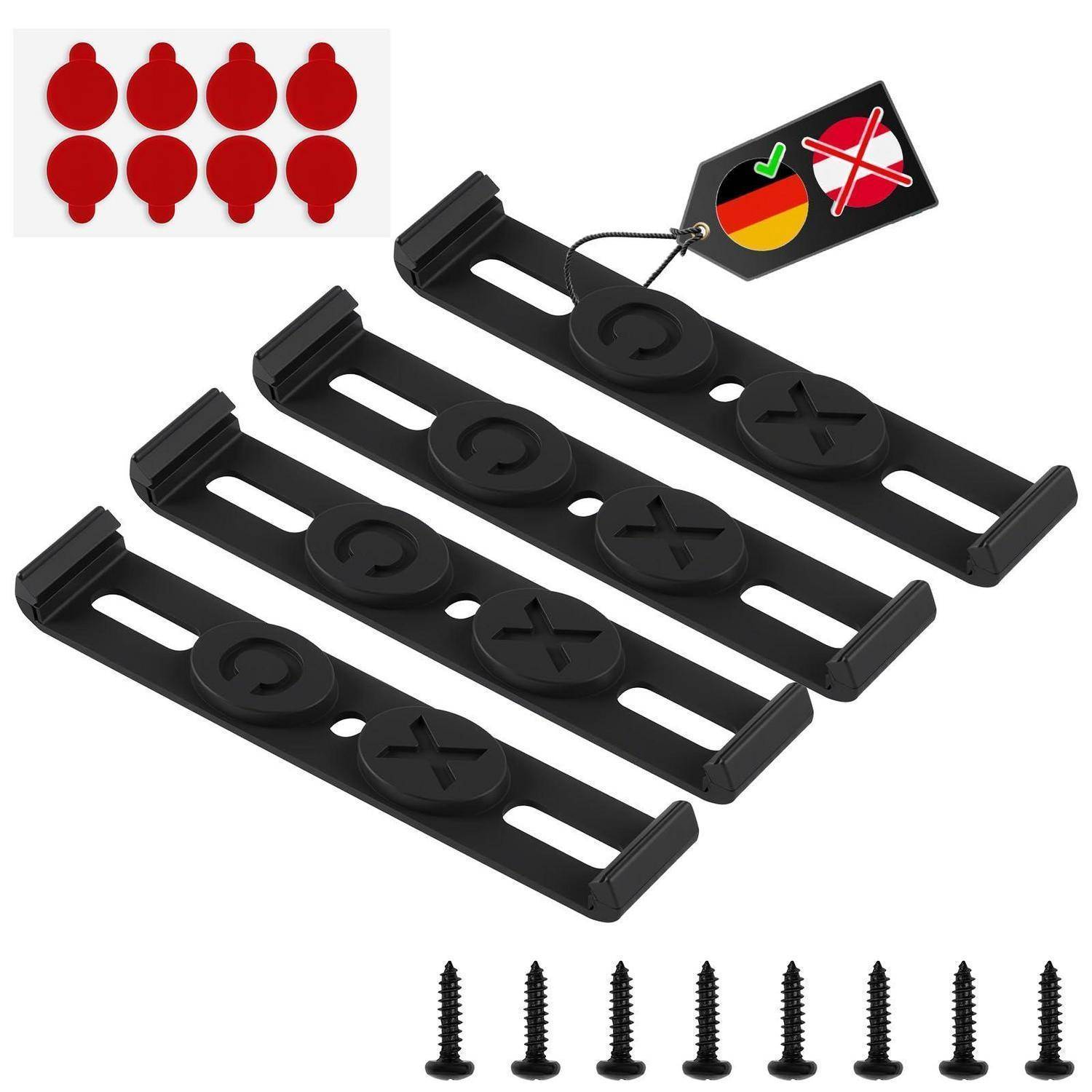 Schwarze Kunststoff-Befestigungsclips mit Schrauben, in vier Größen dargestellt, zum Sichern von kleinen Feuerlöschern oder ähnlichen zylindrischen Objekten.