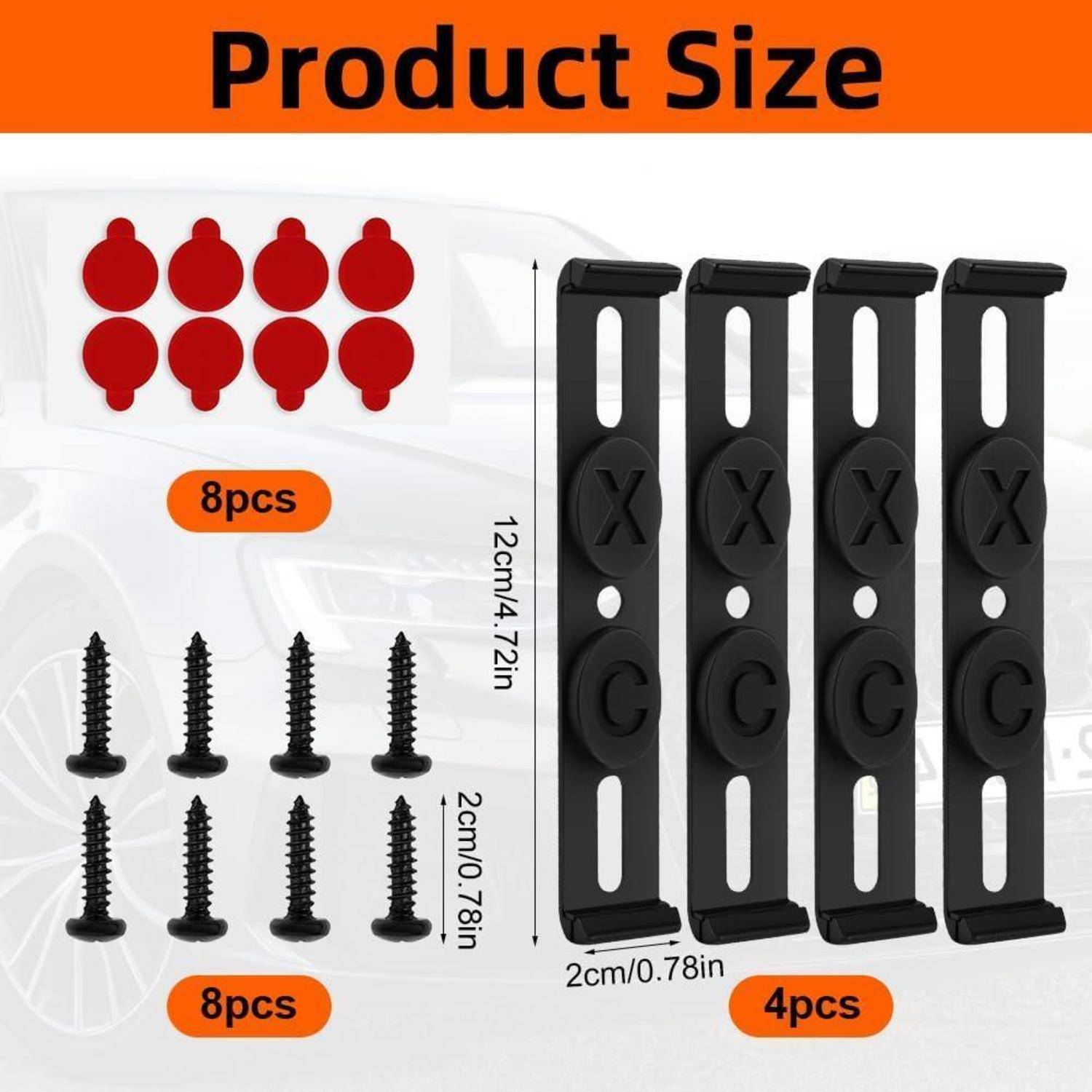 Größendiagramm des Produkts zeigt 4 schwarze Montageklammern, 8 rote Pads und 8 Schrauben; Klammer misst 12 cm mal 2 cm, Schrauben 2 cm lang.