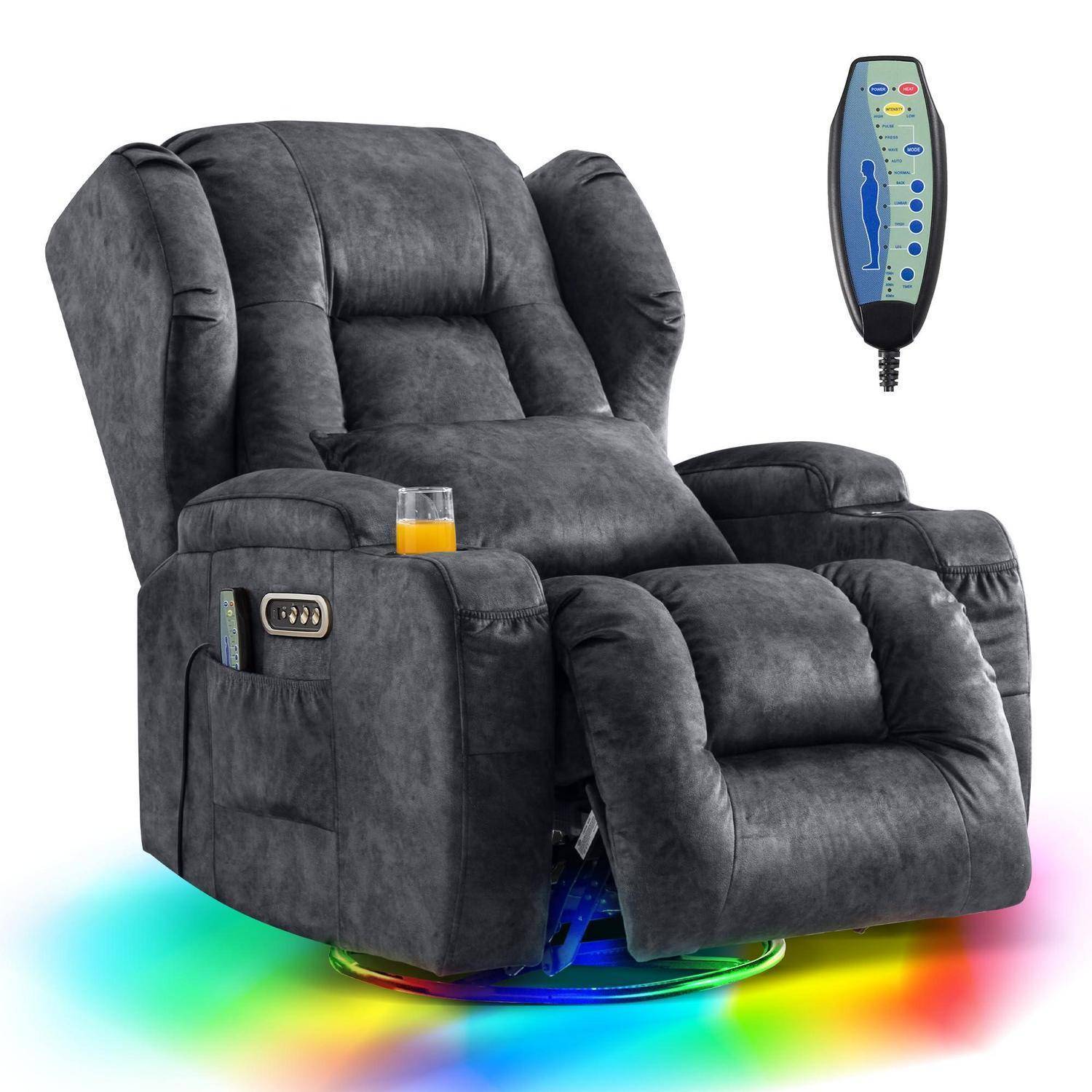 Kuscheliger dunkelgrauer Relaxsessel mit Fernbedienung, Getränkehalter, Seitentasche und leuchtender mehrfarbiger LED-Basis.
