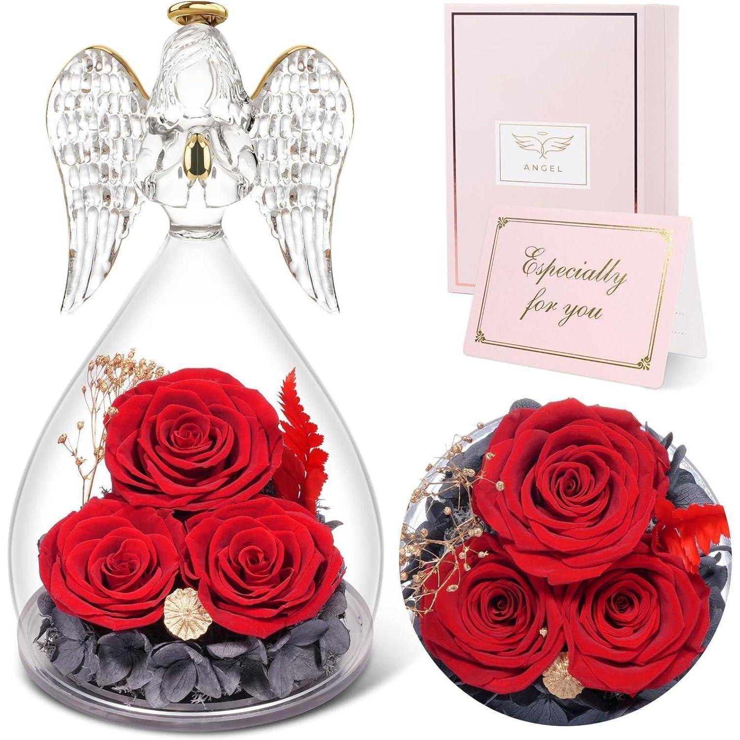 Geschenkset mit einer Glaseninger-Figur und konservierten roten Rosen, dargestellt in einer Glockenglasglocke und rundem Strauß, mit einer rosafarbenen Karte 