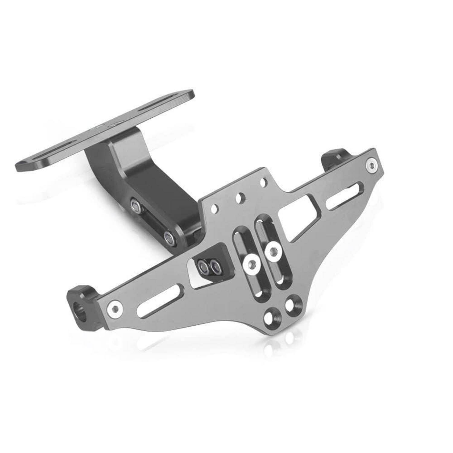Metallischer Motorrad-Kennzeichenhalter mit verstellbarem Befestigungsarm auf weißem Hintergrund.