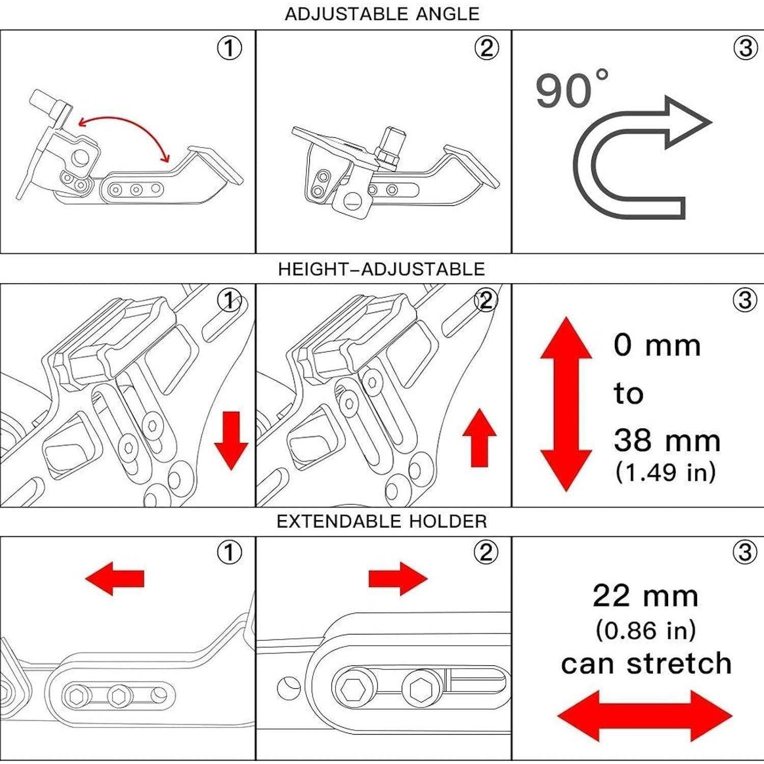 Instruktionsdiagramm zeigt verstellbaren Winkel, höhenverstellbaren und ausziehbaren Halter: 90° Drehung, Höhenbereich 0-38 mm, 22 mm Ausstreckung.