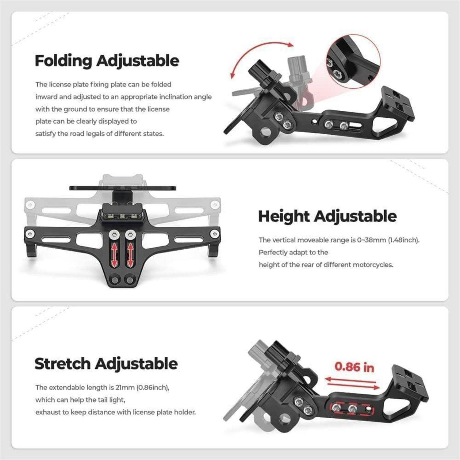 Dreiteiliges Produktinfografik eines Motorrad-Kennzeichenhalters mit Faltung, Höhenverstellung und Stretch-/Ausziehverstellung mit gekennzeichneten Messwerten.