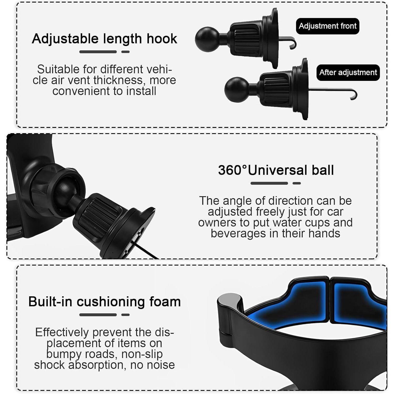 Infografik einer Autotassenhalter mit verstellbarem Längshaken, 360°-Universalkugel und eingebautem Polsterschaum für stabiles, ruhiges Montieren.
