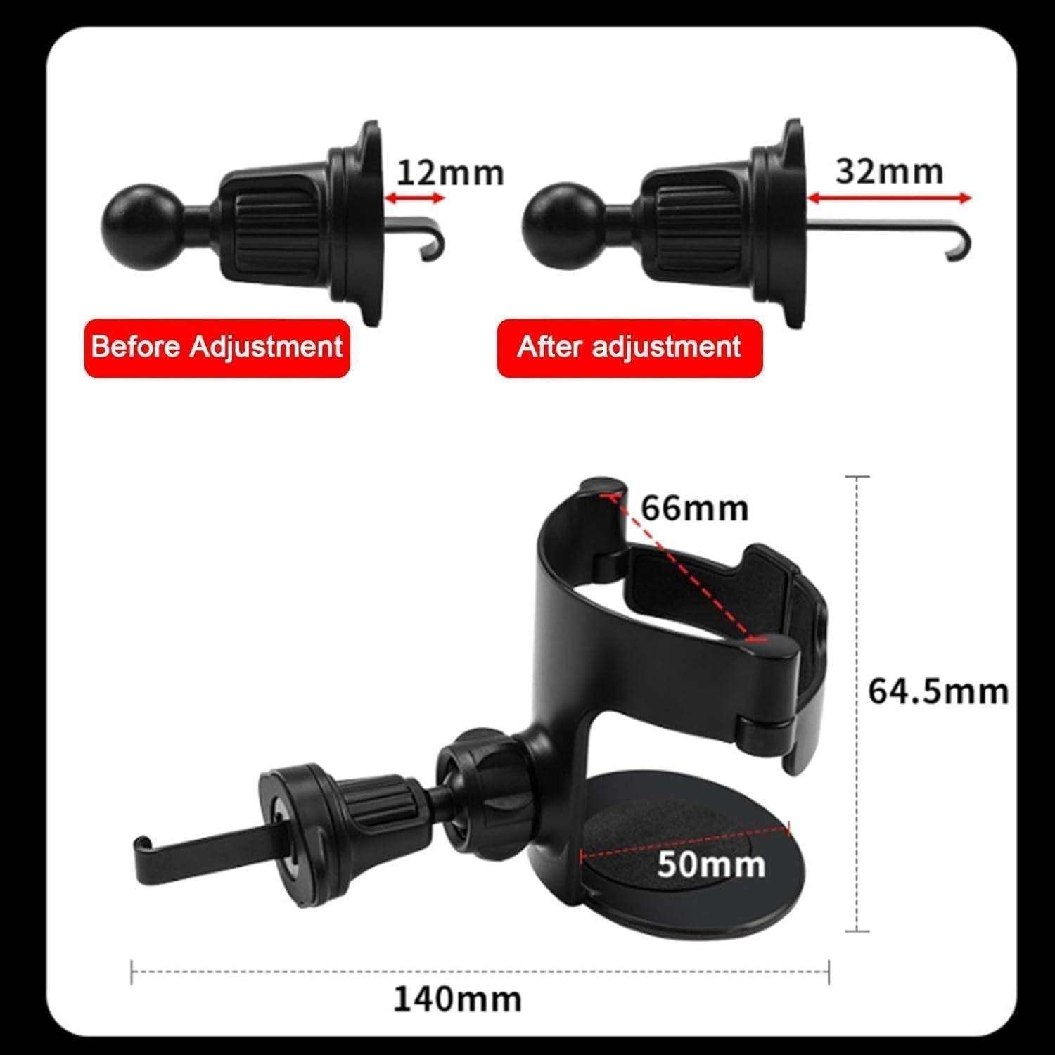 Produktanpassungsdiagramm mit einer Halterung/Klammer vor und nach der Anpassung: Haken erstreckt sich von 12mm auf 32mm, mit Gesamtabmessungen 140mm Breite, 64,5mm Höhe, 50mm Basis und 66mm Spannweite oben.