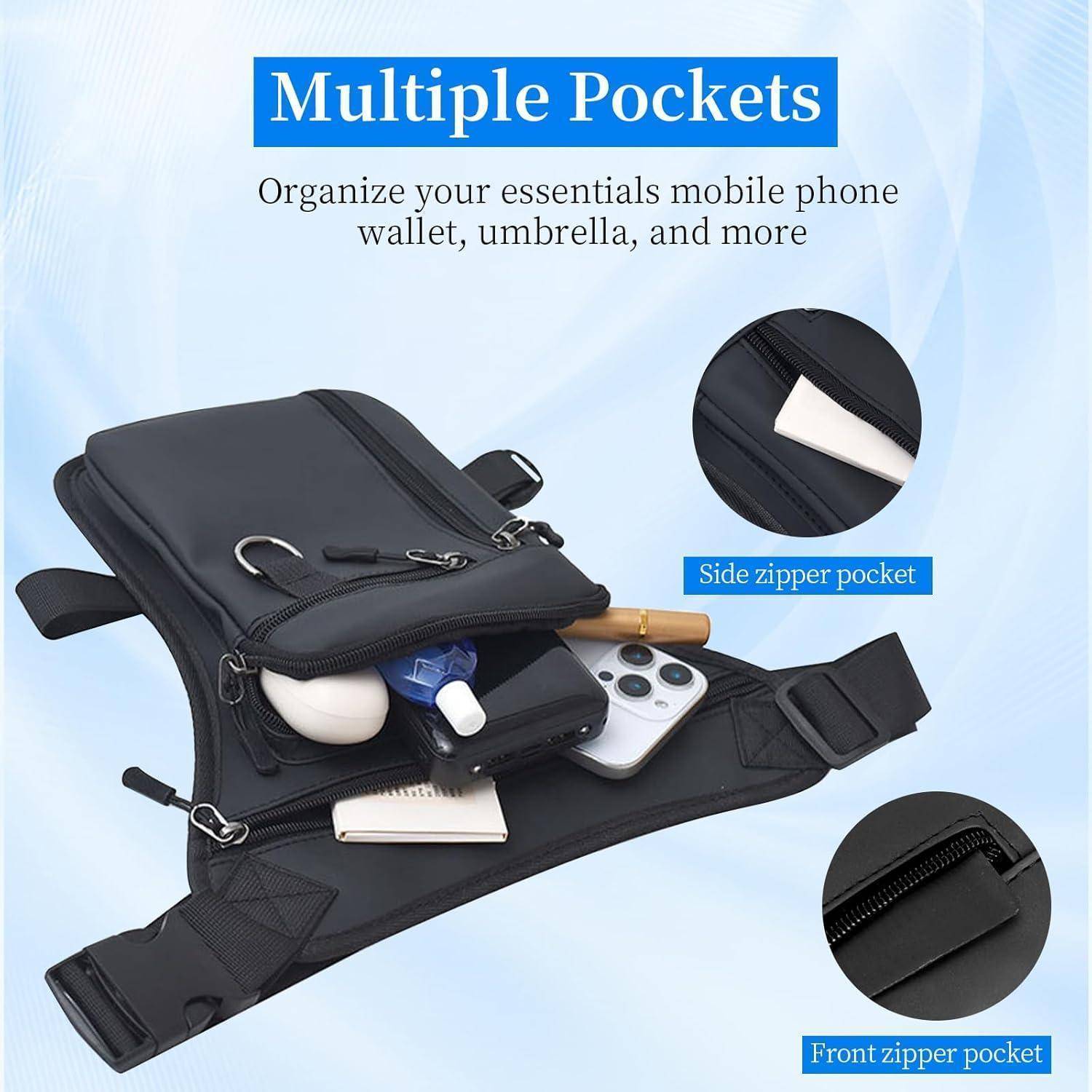 Anzeige für eine schwarze Gürteltasche mit mehreren Taschen, die zeigt, dass sie ein Telefon, Geldbörse, Regenschirm, Schlüssel und andere Essentials aufnehmen kann; Beschriftungen heben seitliche und vordere Reißverschlusstaschen hervor.