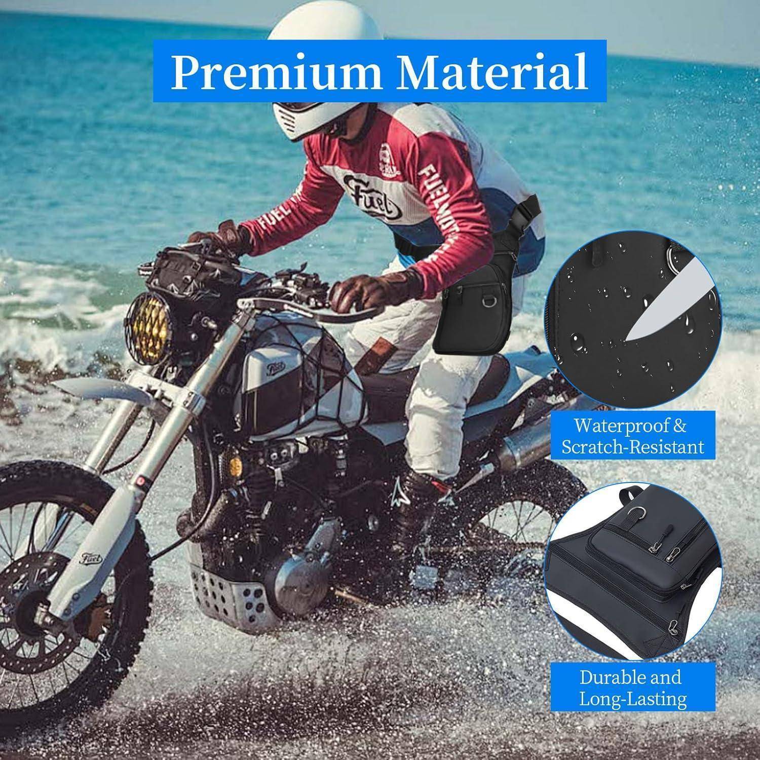Motorradfahrer, der durch flaches Wasser mit einer schwarzen Tanktasche fährt; der Text hebt „Premiummaterial", „Wasserdicht & kratzfest"" und „Langlebig und beständig"" hervor.