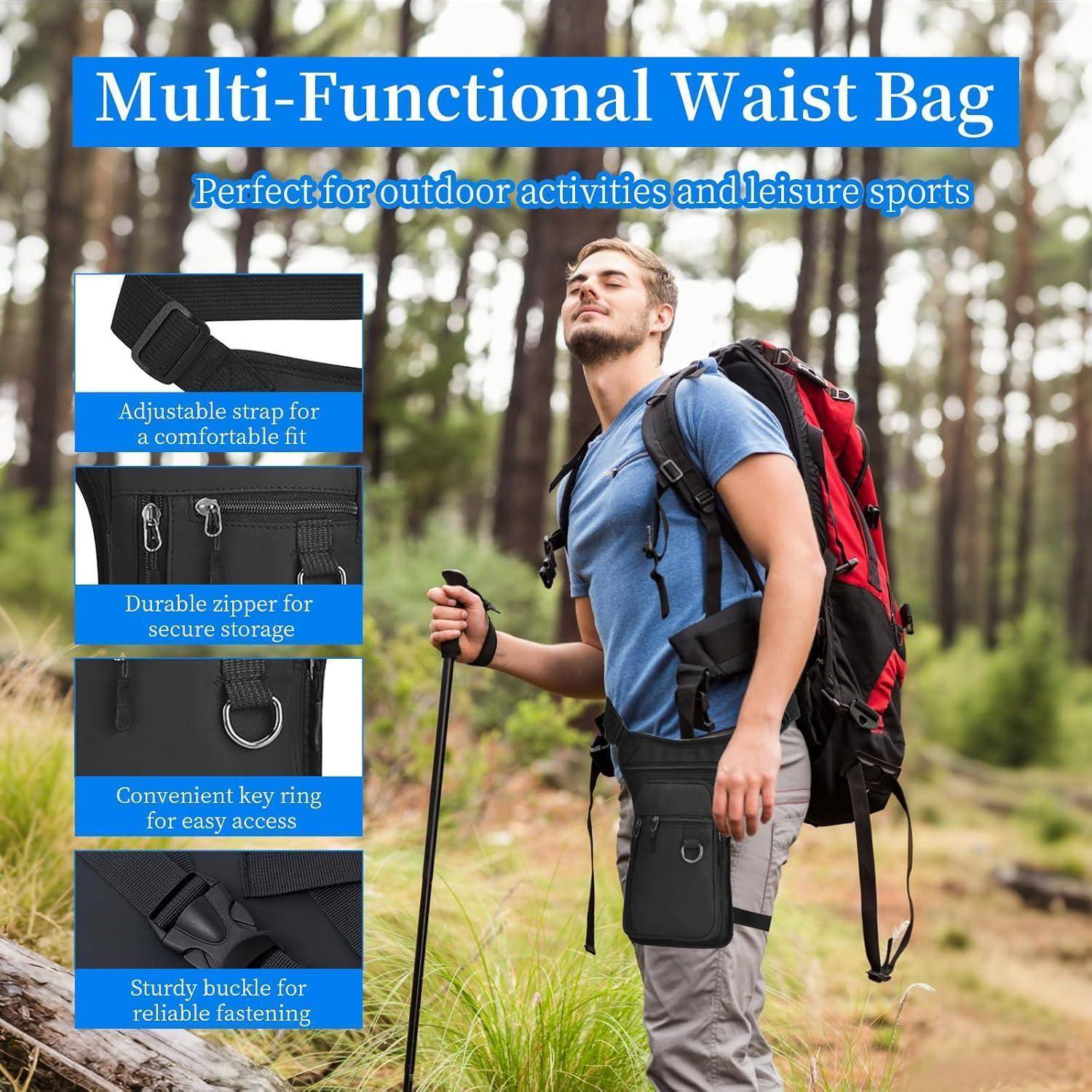 Werbebild eines Mannes, der in einem Wald wandert und eine multifunktionale Hüfttasche und einen Rucksack trägt, mit Hinweisen, die den verstellbaren Riemen, den langlebigen Reißverschluss, den Schlüsselring und die robuste Schnalle hervorheben.