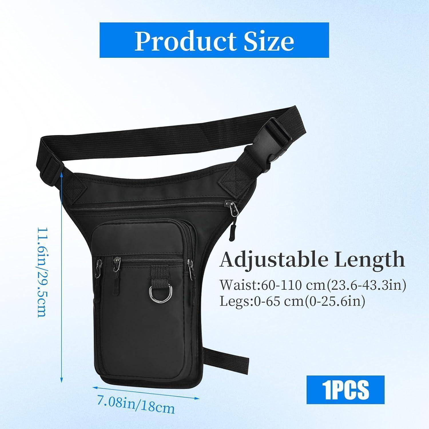 Größendiagramm einer schwarzen Bauchtasche mit verstellbarer Länge; Maße 11,6 Zoll Höhe und 7,08 Zoll Breite, Taille 60-110 cm, Beine 0-65 cm, 1 Stück.