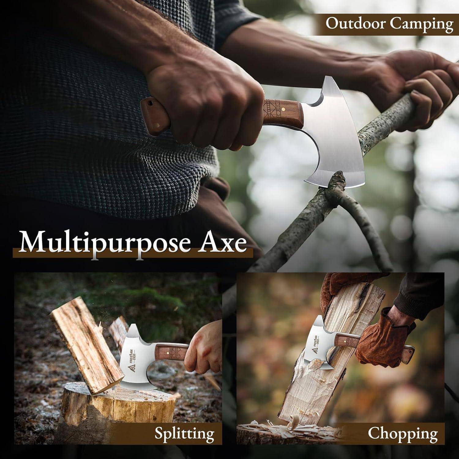 Werbebild für eine vielseitige 'Outdoor-Camping'-Axt, das Hände zeigt, die damit Holz spalten und hacken; Textbeschriftungen 'Spalten' und 'Hacken'.