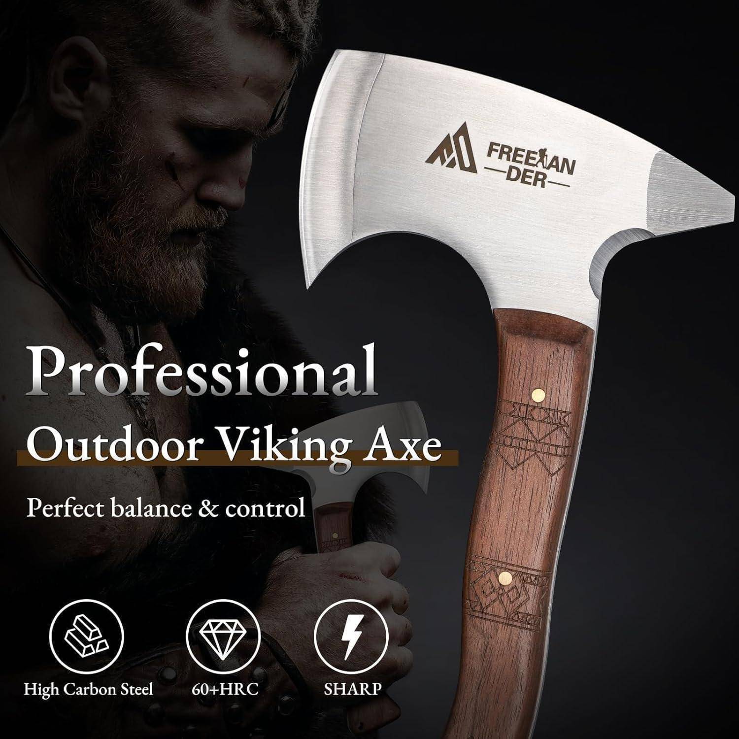 Werbebild eines bärtigen Mannes, der eine Wikinger-Axt im Wikinger-Stil hält, mit Text „Professionelle Outdoor-Wikinger-Axt