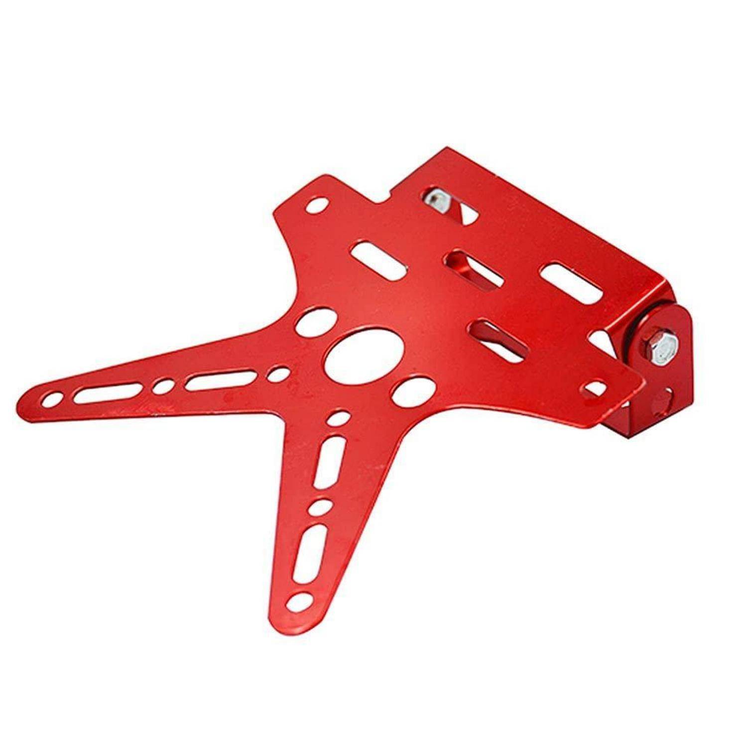 Rotes Metallmontagehalter mit mehreren Schlitzen und einer angelenkten Seitenplatte, auf weißem Hintergrund gezeigt.