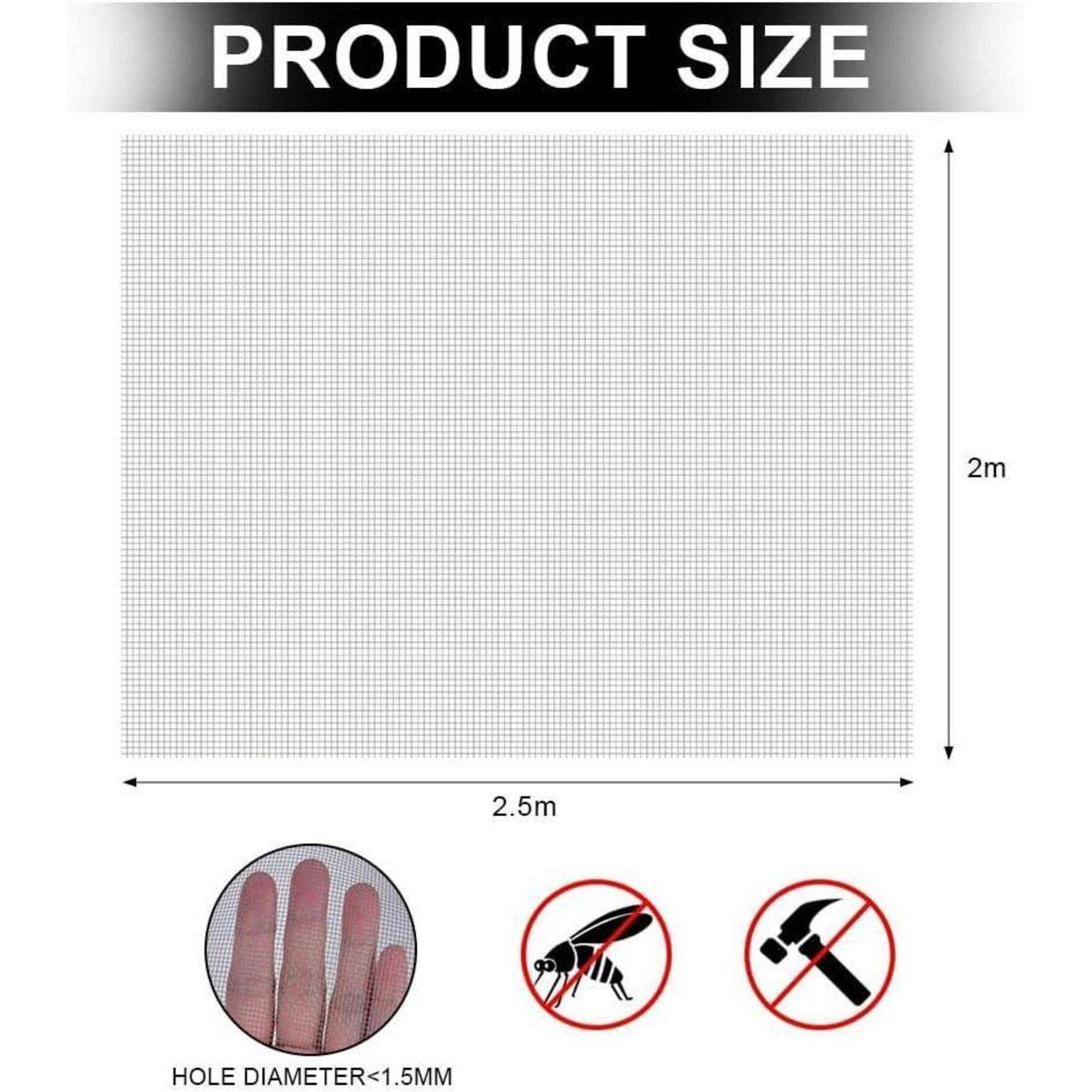 Produktgrößendiagramm zeigt ein 2,5 m x 2 m Mesh-Panel mit Lochdurchmesser unter 1,5 mm; Symbole zeigen keine Insekten und kein Hämmern
