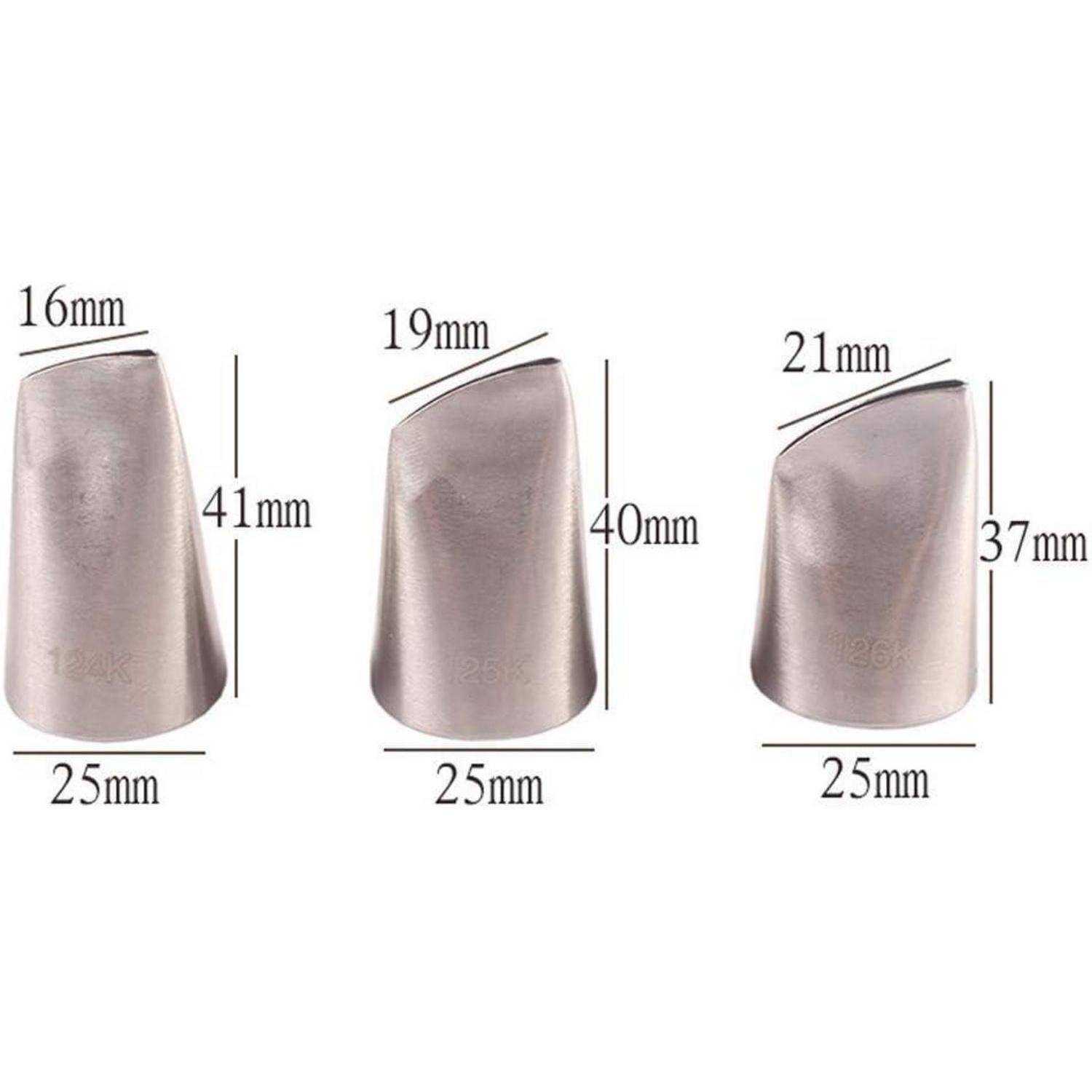 Drei nebeneinander angeordnete, sich verjüngende Metallkegel mit jeweils 25 mm Breite und unterschiedlichen Höhen sowie verschiedenen oberen Öffnungen: 16 mm/41 mm, 19 mm/40 mm und 21 mm/37 mm.