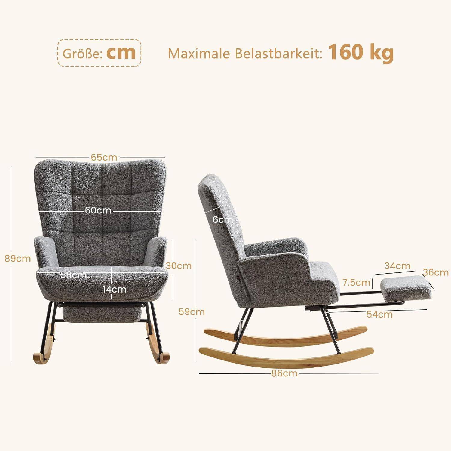 Abmessungsdiagramm für grauen Schaukelstuhl mit Größenangaben in cm und maximal zulässiger Belastung 160 kg, mit Vorder- und Seitenansichten mit den Maßen 89 cm Höhe, 65 cm Breite, 86 cm Tiefe.