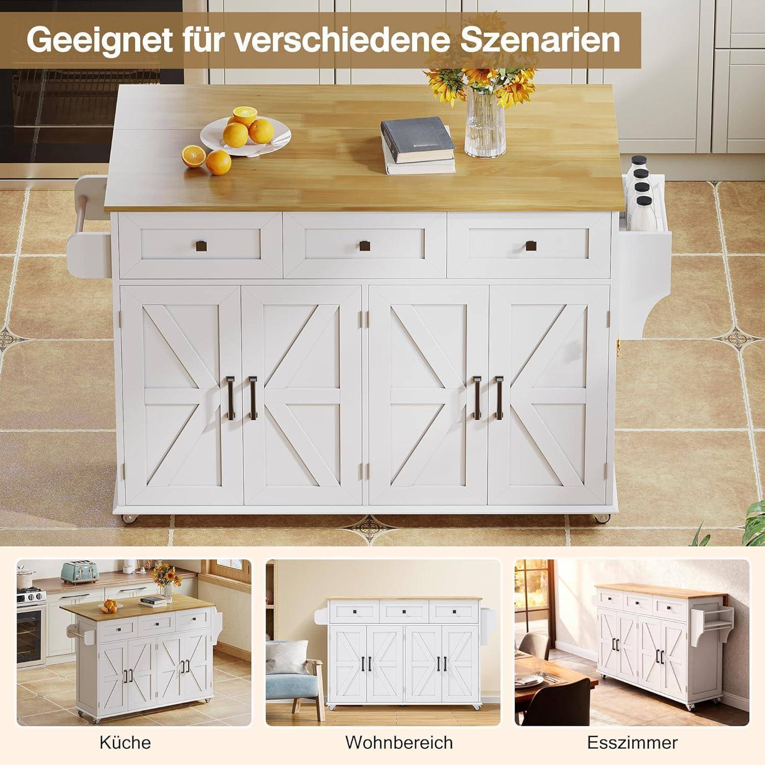 Weiße Kücheninselkommode mit Holzoberfläche, Schubladen, Regalen und seitlichem Handtuchhalter, gezeigt in Küchen-, Wohn- und Esszimmereinstellungen.