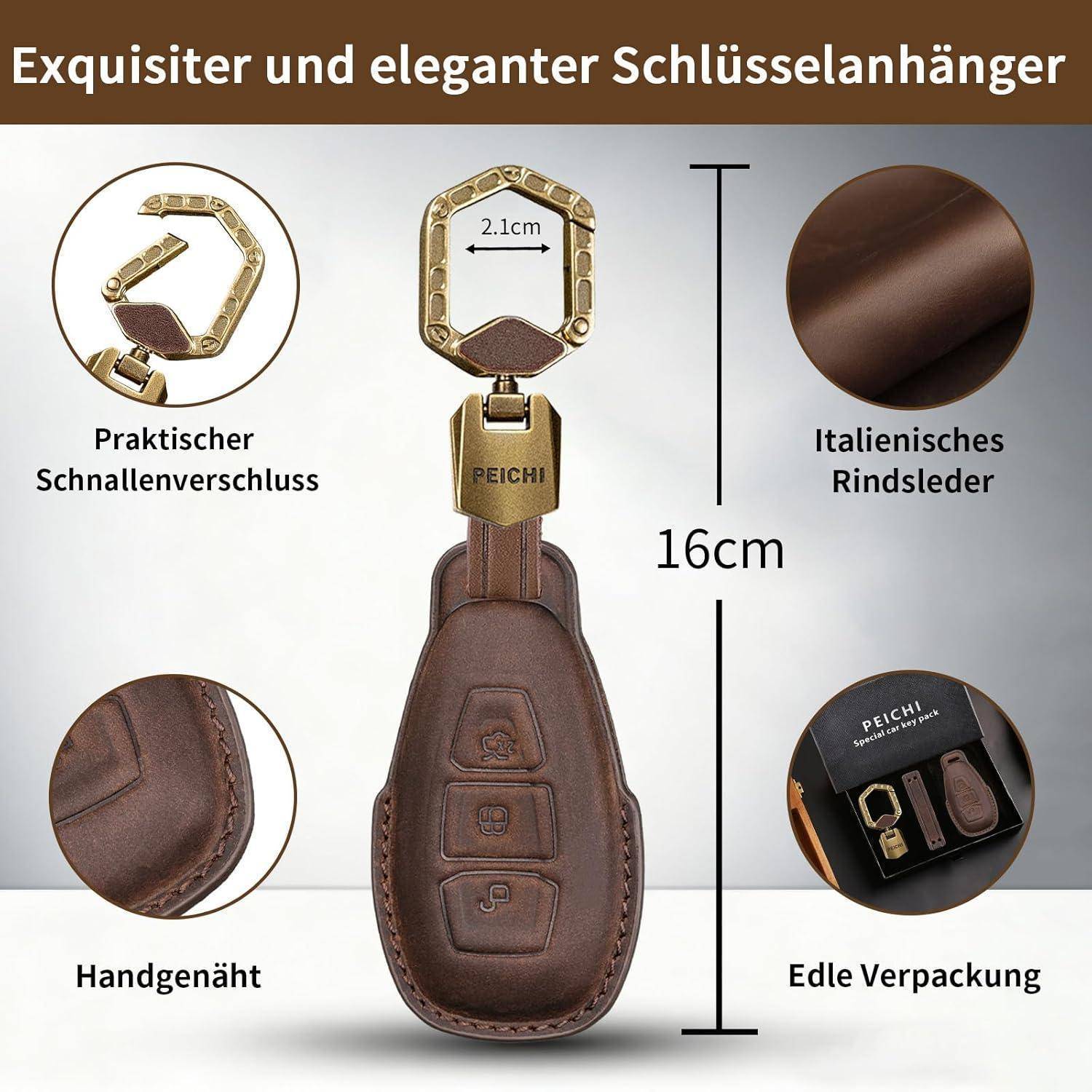 Werbegrafik eines braunen Lederetuis mit goldenem Verschluss, gekennzeichnet mit 16 cm Höhe und 2,1 cm Breite, das italienisches Leder, Handnaht und Premium-Verpackung hervorhebt.