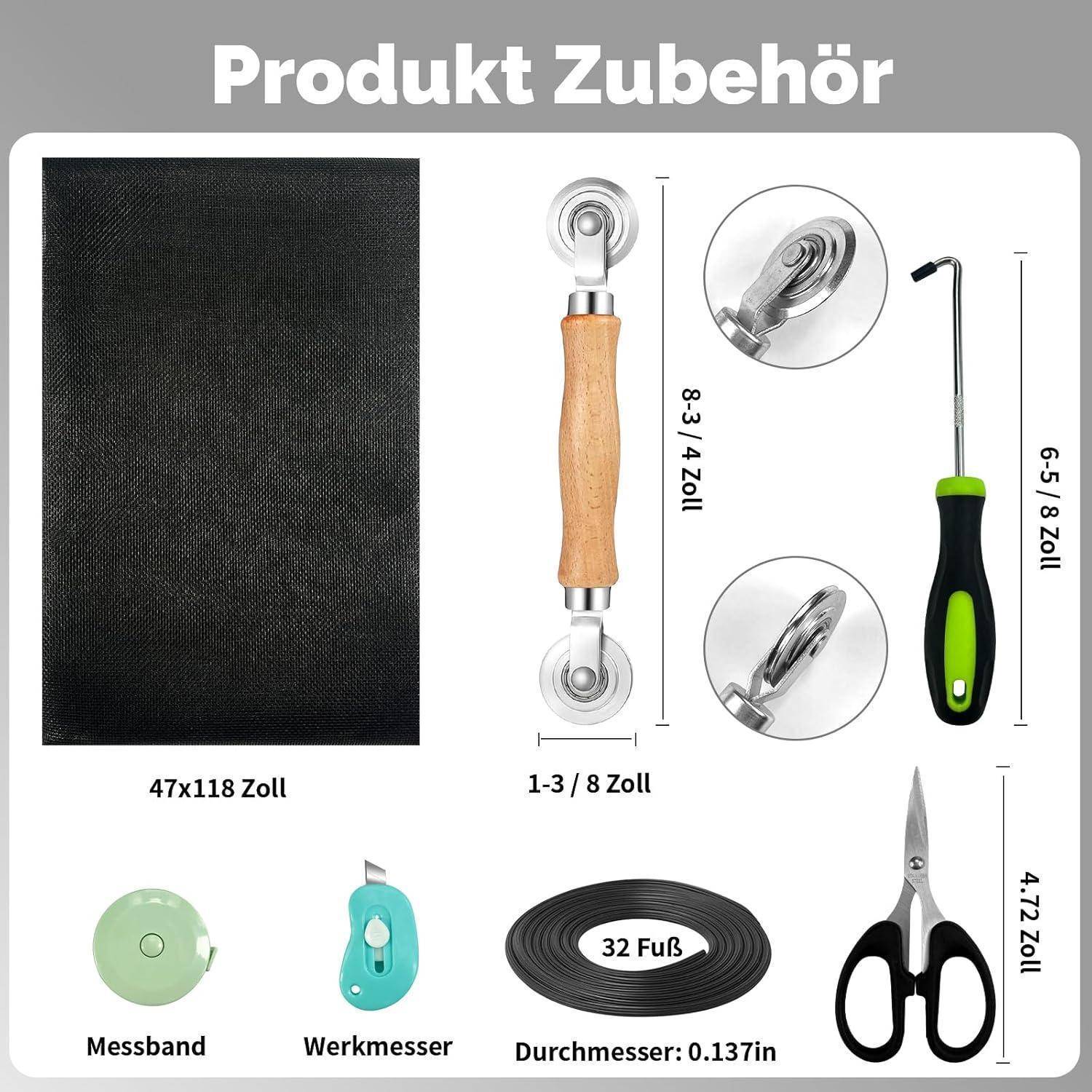 Produktzubehör mit Abmessungen dargestellt: Stoffstück, Walzenwerkzeuge, Hakenwerkzeug, Schere, Messstab und Draht mit Beschriftungen in Zoll und deutscher Sprache.