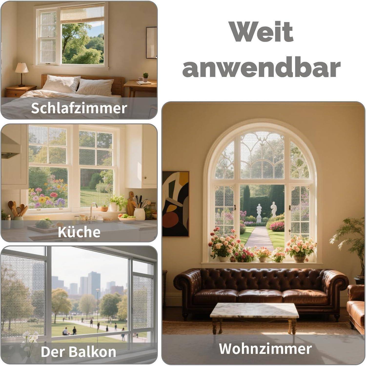 Deutsches Werbematerial zeigt, dass ein Fenster im Schlafzimmer, in der Küche, auf dem Balkon oder im Wohnzimmer verwendet werden kann; großer Text besagt „Weit anwendbar