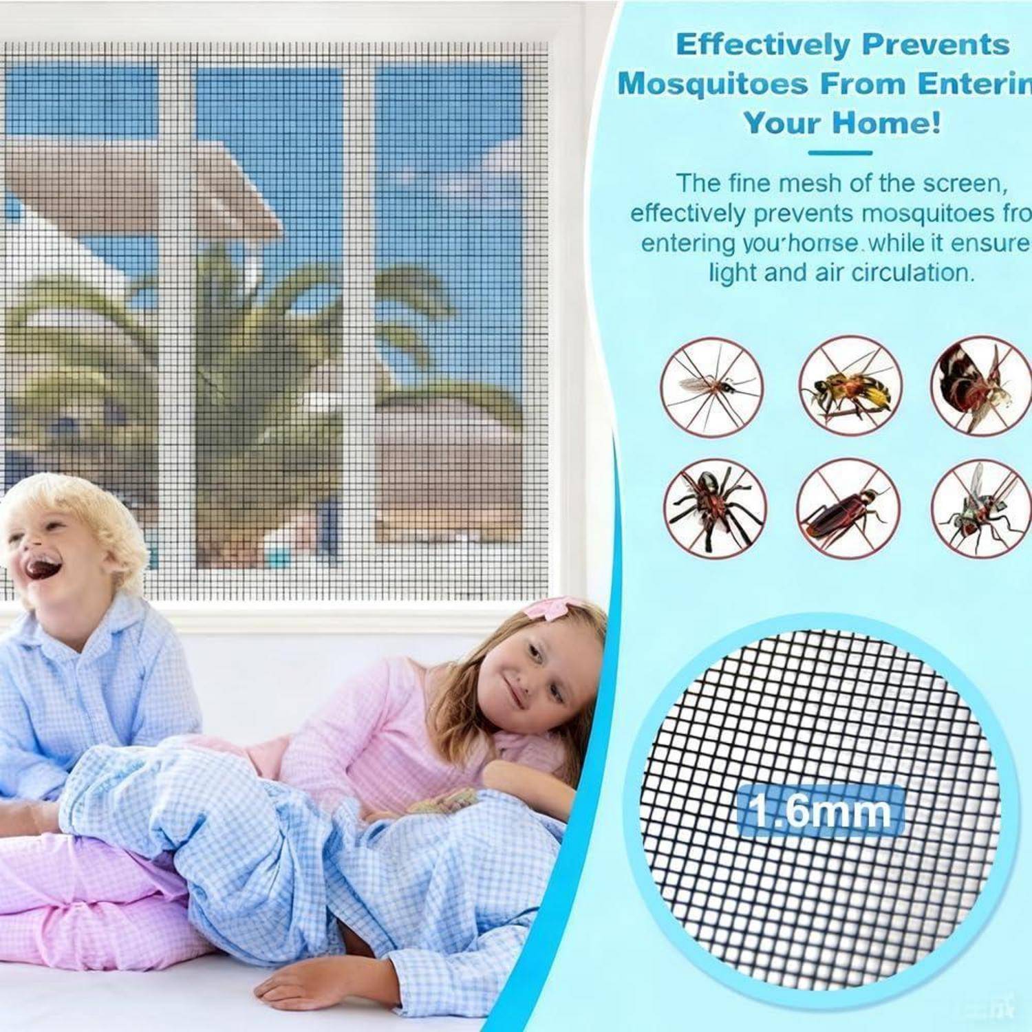 Werbegrafik, die schlafende Kinder an einem Fensterfliegengitter zeigt, das Mücken abhält; der Text besagt, dass ein feines Netz Insekten verhindert und gleichzeitig Licht und Luftzirkulation ermöglicht, mit einer Nahaufnahme des 1,6-mm-Netzes.