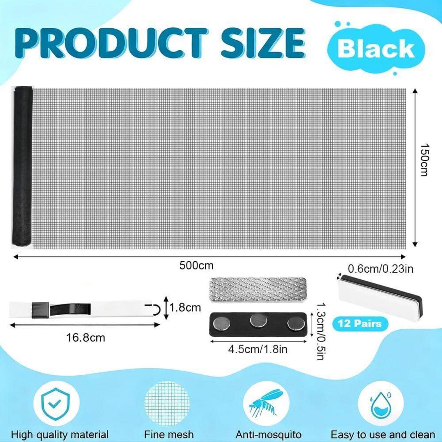Produktgrößendiagramm für ein schwarzes Moskitonetz: 150 cm x 500 cm Maschengewebe mit 0,6 cm Dicke, plus Nahaufnahmen mit 16,8 cm, 4,5 cm und 12 Befestigungspaaren.