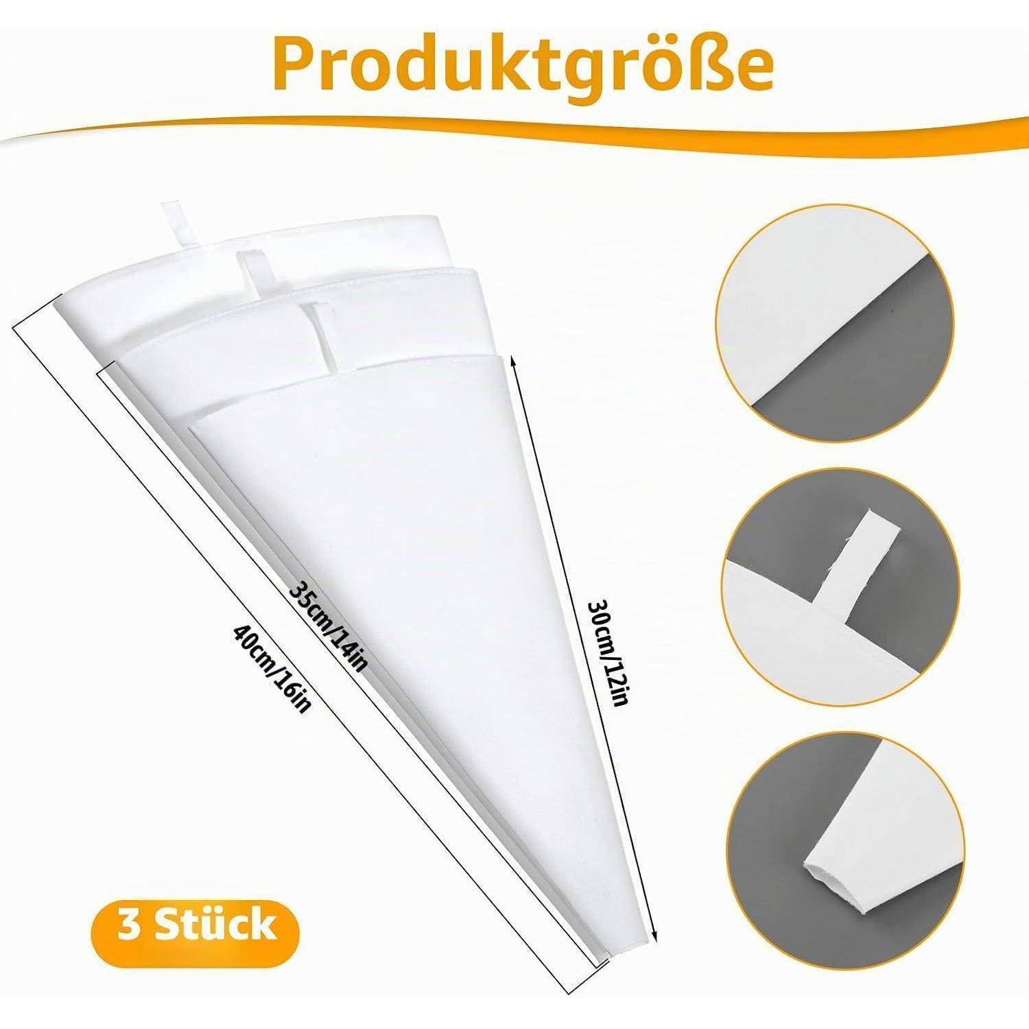 Produktgrößendiagramm von drei weißen kegelförmigen Filtern mit den Abmessungen 40 cm, 35 cm und 30 cm, mit Detailausschnitten und dem Etikett „3 Stück