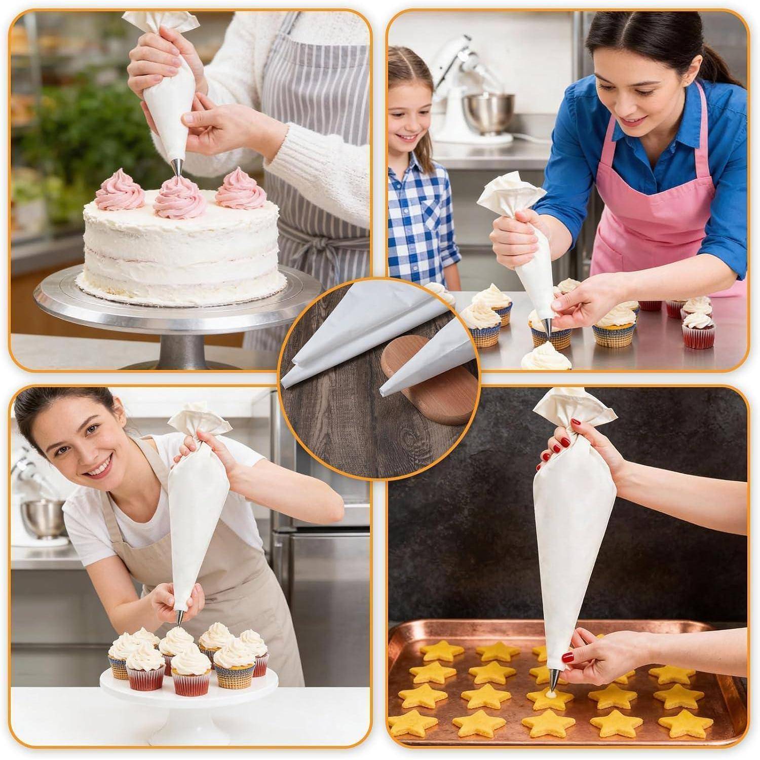 Collage mit Menschen, die Zuckerguss in Spritzbeutel füllen und Kuchen, Cupcakes und Kekse in einer Küche dekorieren.