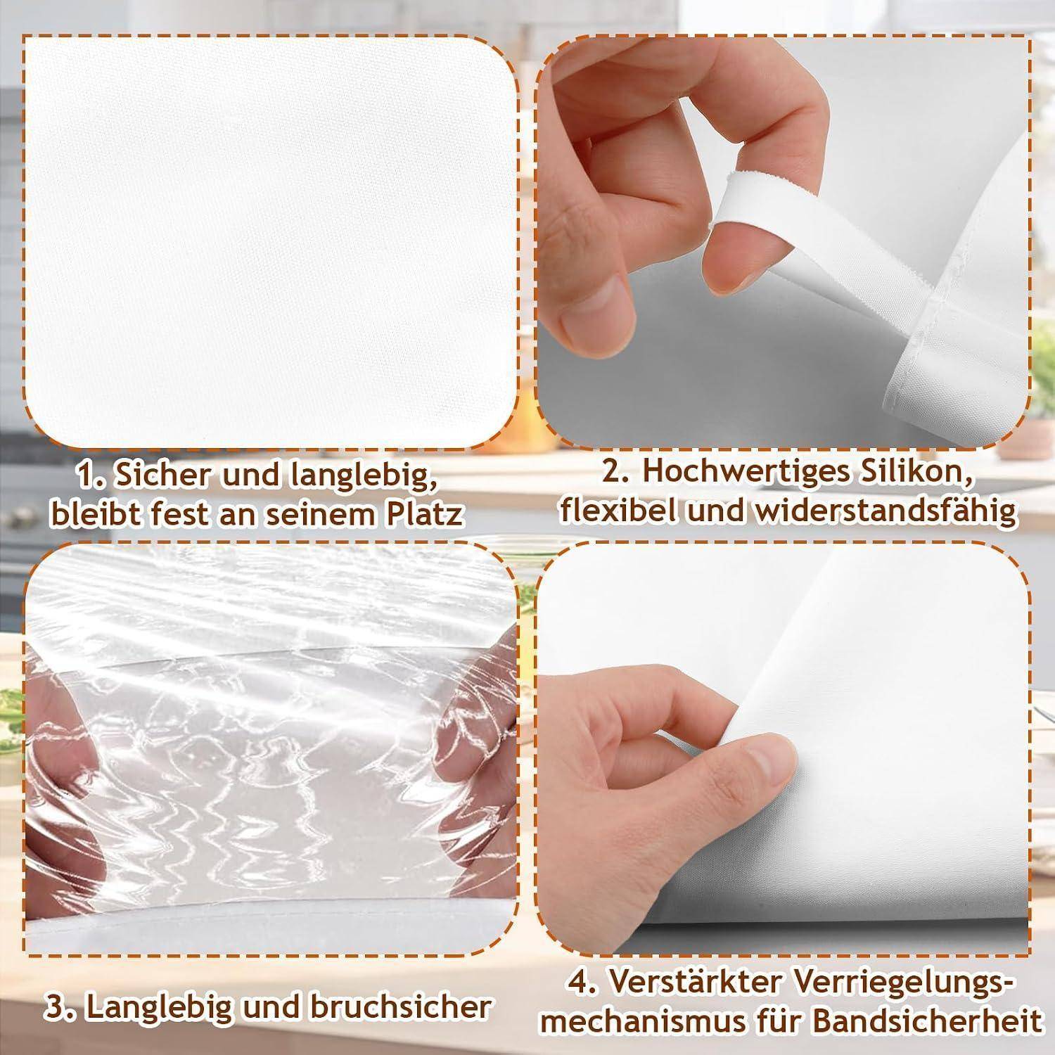 Vierpanel-Produktgrafik, die ein weißes Silikonband/Klebeband zeigt, das gebogen, gezogen und gewickelt wird, wobei sichere Platzierung, Flexibilität, Langlebigkeit und ein verstärkter Verriegelungsmechanismus hervorgehoben werden.