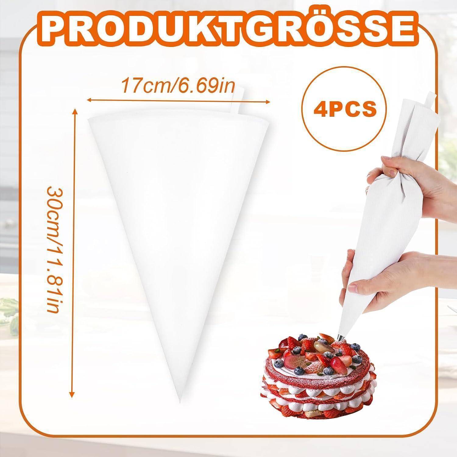 Produktgrößendiagramm für einen Spritzbeutel: 30 cm lang, 17 cm breit, 4-teiliges Set, dargestellt mit Händen, die einen Kuchen verzieren.