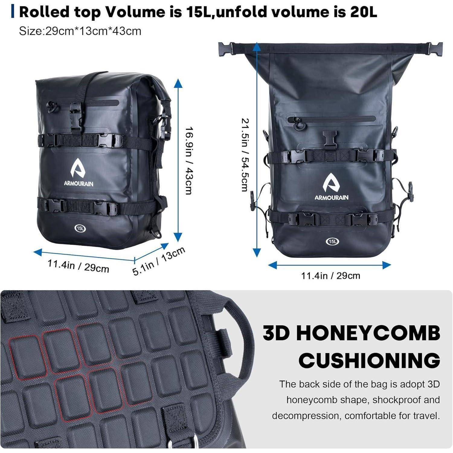 Produktbild eines schwarzen Roll-Top-Rucksacks mit Größen- und Kapazitätsangaben: 15 l zusammengerollt, 20 l entfaltet, 29×13×43 cm, mit 3D-Wabenkissen auf der Rückseite für Komfort und Stoßdämpfung.