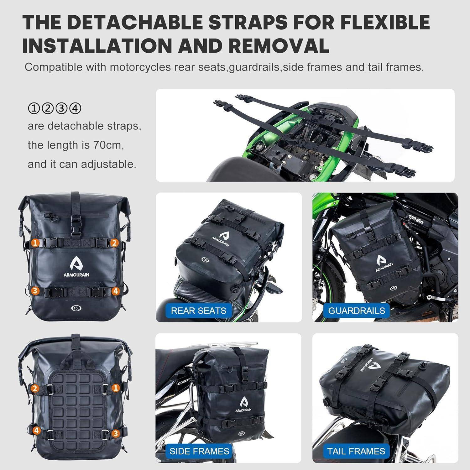 Infografik zeigt eine Motorradtasche mit vier abnehmbaren, 70 cm einstellbaren Riemen, kompatibel mit Rücksitzen, Schutzvorrichtungen, Seitenrahmen und Heckrahmen.