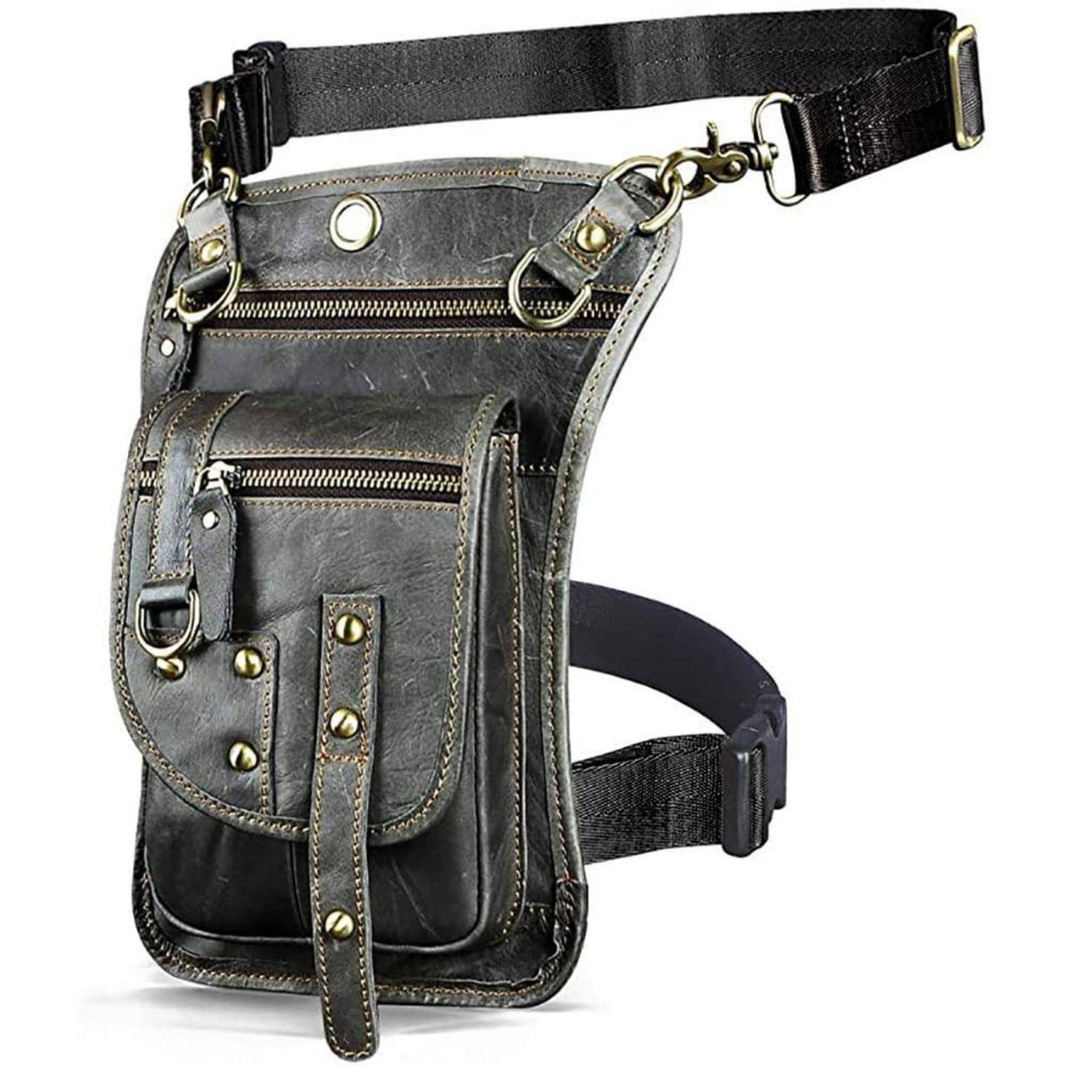 Schwarze Leder-Hüfttasche mit Beinschlaufe, mehreren Reißverschlusstaschen und verstellbaren Riemen, auf weißem Hintergrund gezeigt.