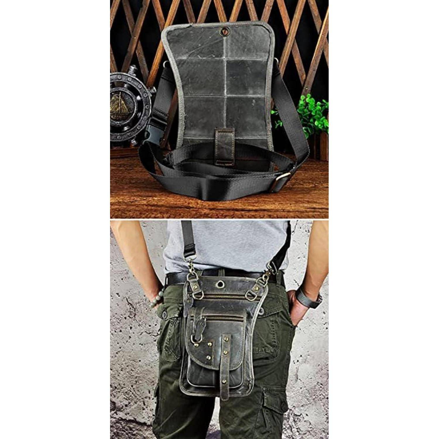 Vorder- und Rückansichten einer schwarzen Leder-Gürteltasche zum Umhängen mit verstellbarem Riemen, getragen auf einer Person und aufrecht angezeigt.