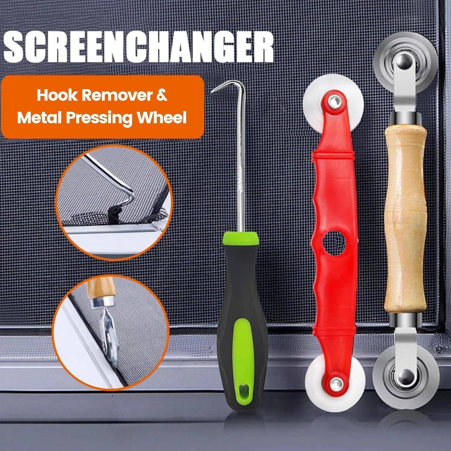 Produktanzeige für SCREENCHANGER Hakentferner und Metalldruckrad-Werkzeuge, zeigt drei tragbare Rollen und vergrößerte Detailansichten der Verwendung.