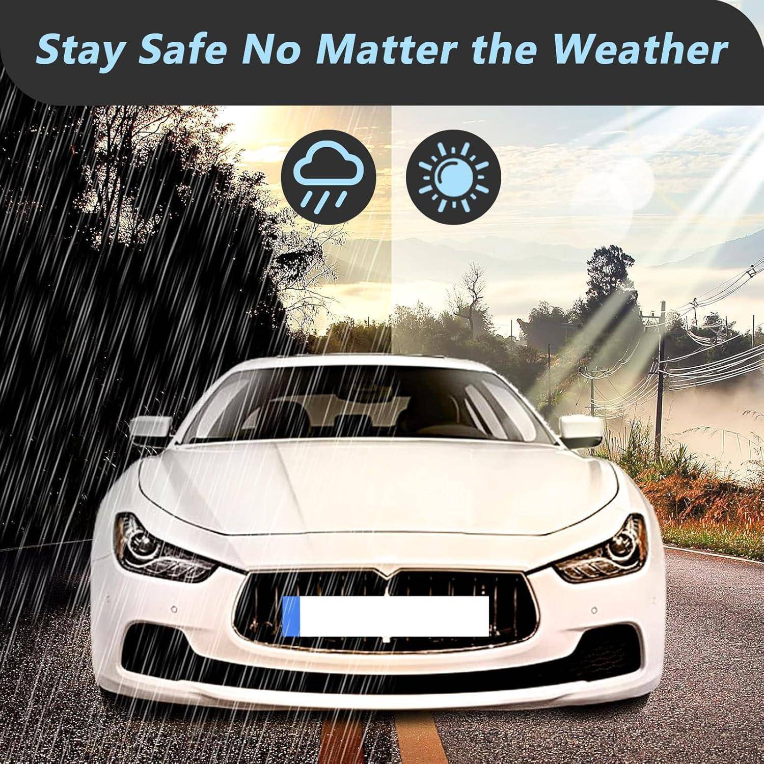 Weißer Sportwagen auf einer Straße, die zwischen starkem Regen und gleißender Sonne aufgeteilt ist, mit Wettersymbolen und dem Text „Bleiben Sie bei jedem Wetter sicher