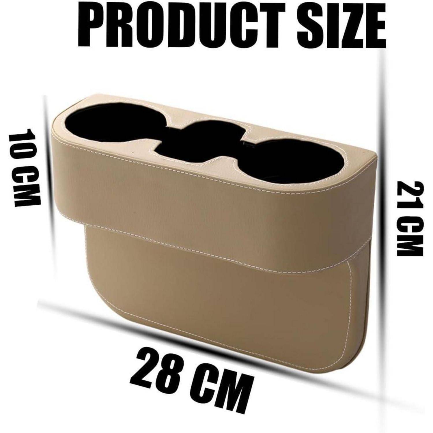 Größendiagramm eines beige Aufbewahrungsorganizers: 28 cm breit, 21 cm hoch, 10 cm tief, mit drei tassenförmigen oberen Öffnungen.