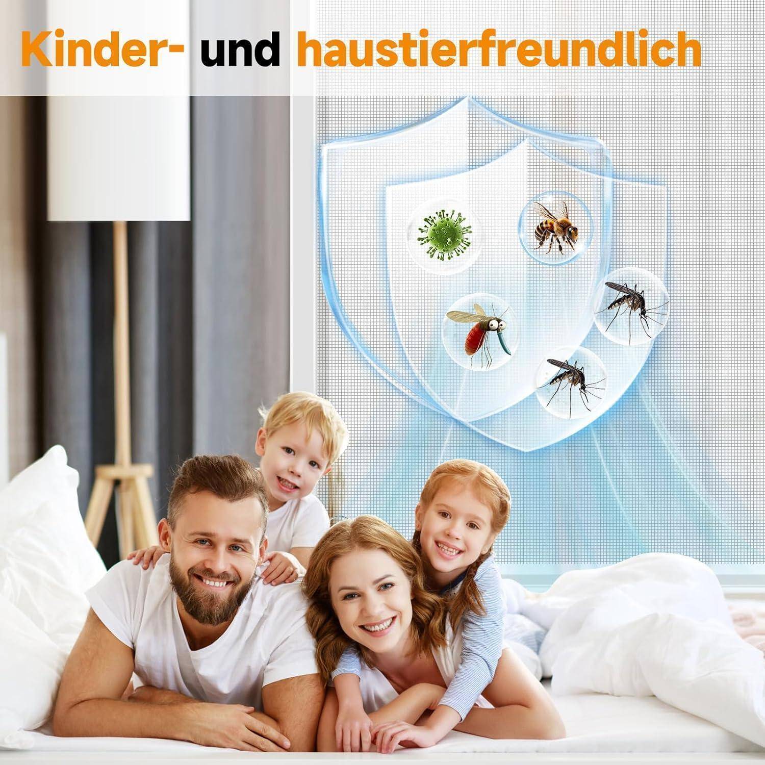 Glückliche Familie im Bett mit Anti-Allergie-Schutz und gezeigten Insekten; deutscher Text lautet „Kinder- und haustierfreundlich" (kinderfreundlich und haustierfreundlich).