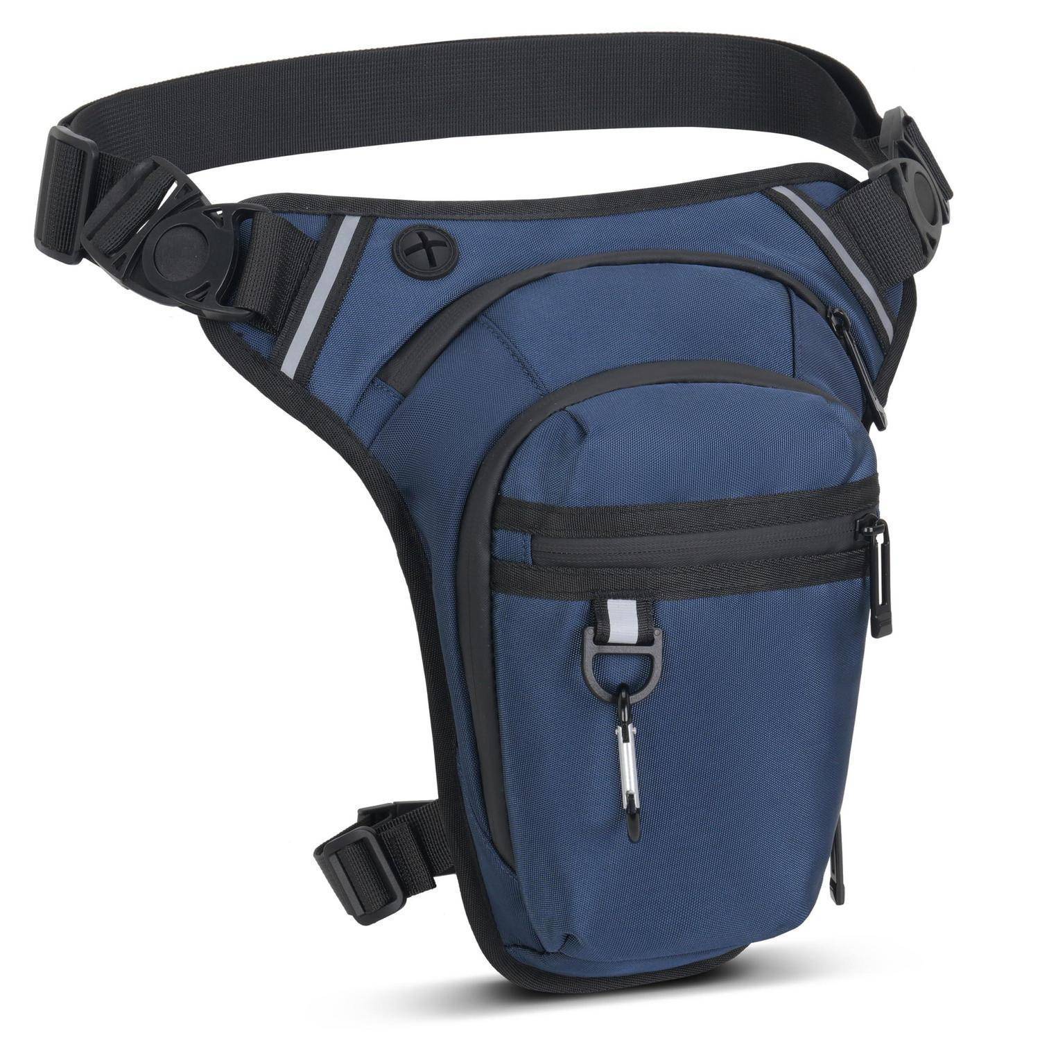 Blaue taktische Oberschenkeltasche mit verstellbaren Hüft- und Beinriemen, vorderer Reißverschlusstasche und mehreren Fächern.