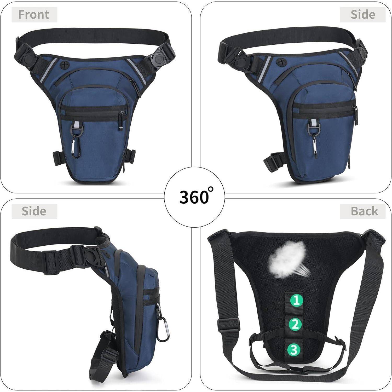 360-Grad-Produktansicht einer blauen Beintasche mit Hüftgurt, gezeigt von vorne, von der Seite und von hinten; die Rückansicht zeigt drei nummerierte Taschen und einen flauschigen weißen Gegenstand, der angebracht ist.