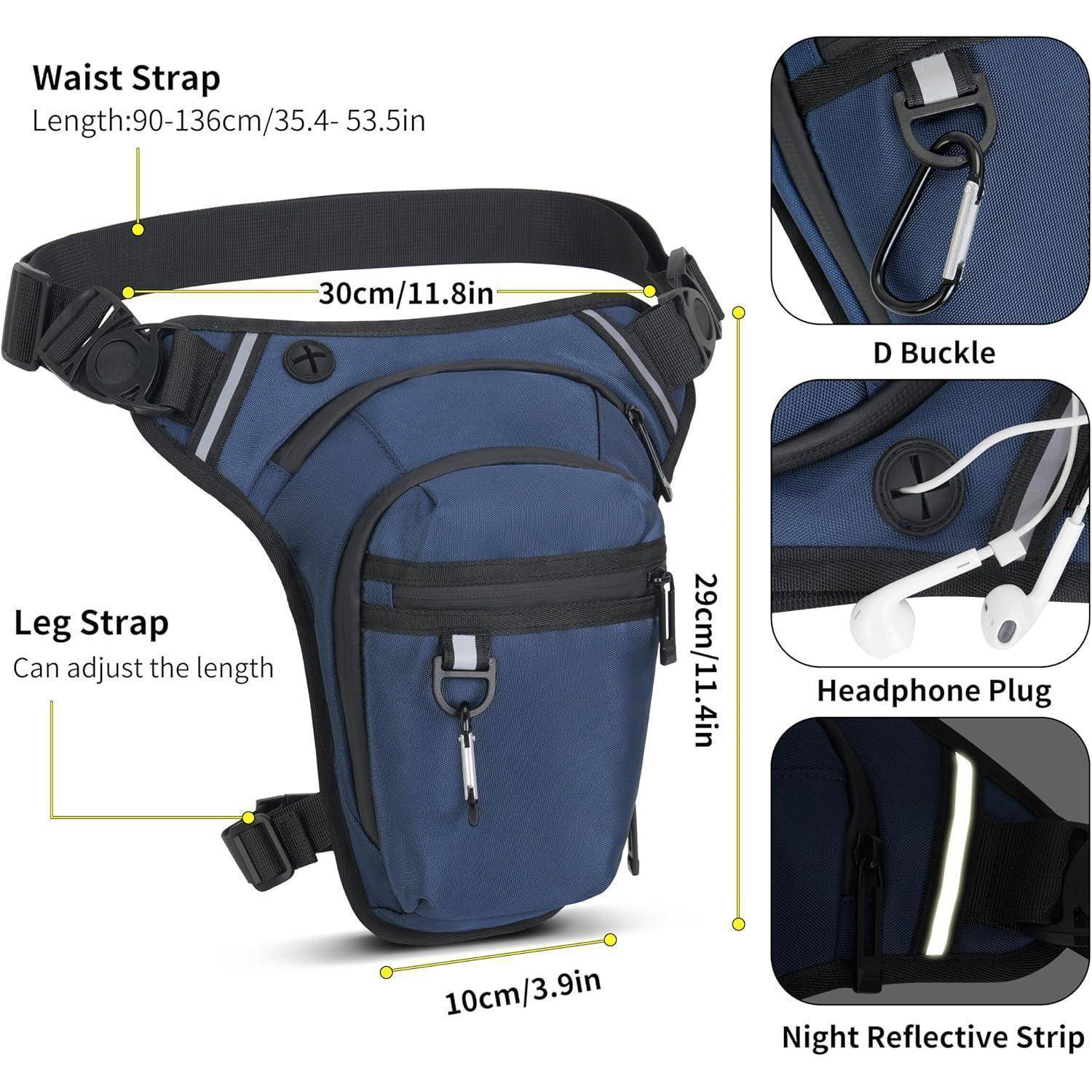 Blaue Hüft-Oberschenkeltasche mit verstellbaren Hüft- und Beingurten, D-Schnalle, Kopfhöreranschluss, Reflektorstreifen und gekennzeichneten Abmessungen von 30cm, 29cm und 10cm.