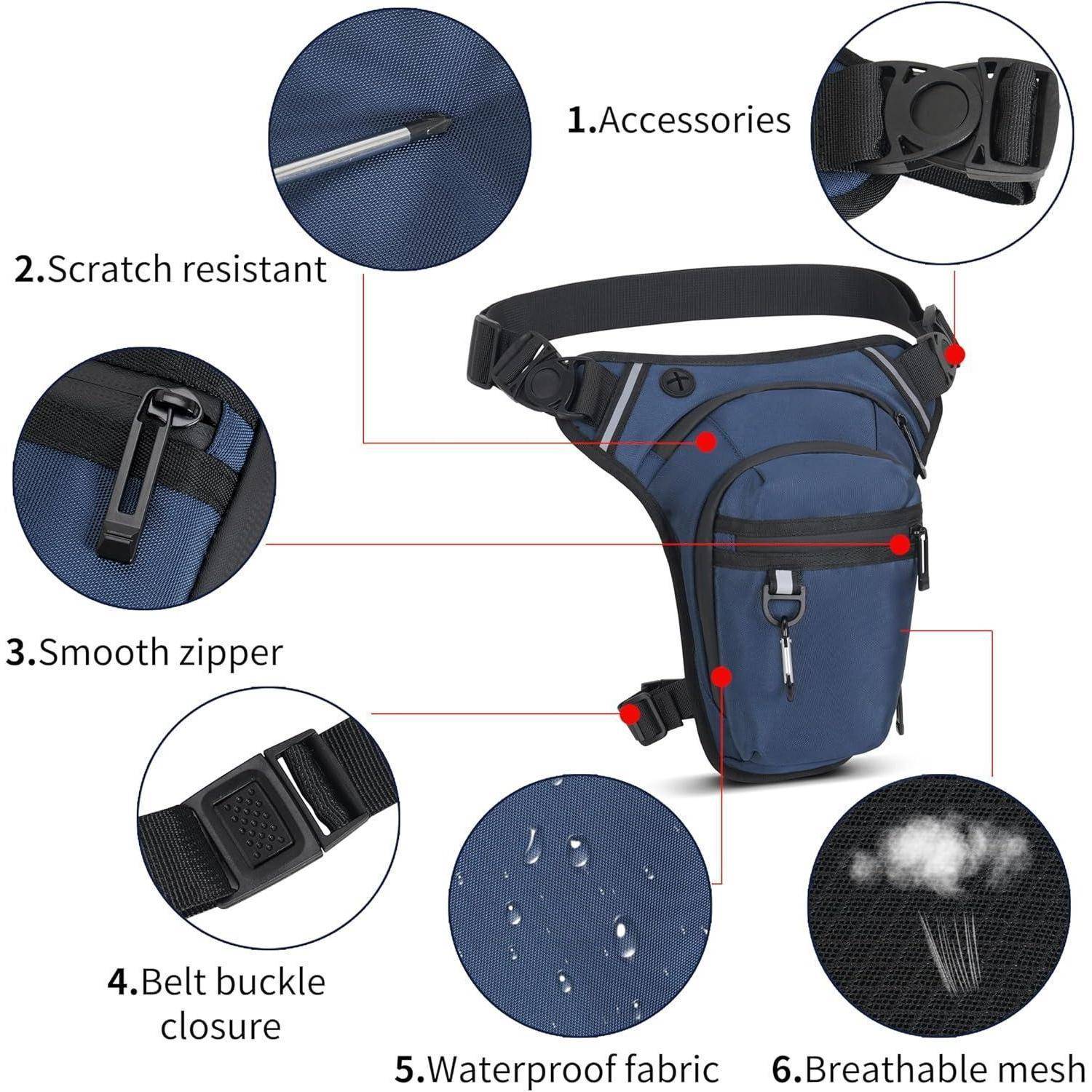 Kommentiertes Produktbild einer blauen Oberschenkel- oder Beinbeutel mit Funktionen: Zubehörtasche, kratzfestes Material, sanfter Reißverschluss, Gürtelschnallenverschluss, wasserdichter Stoff und atmungsaktives Netzgewebe.