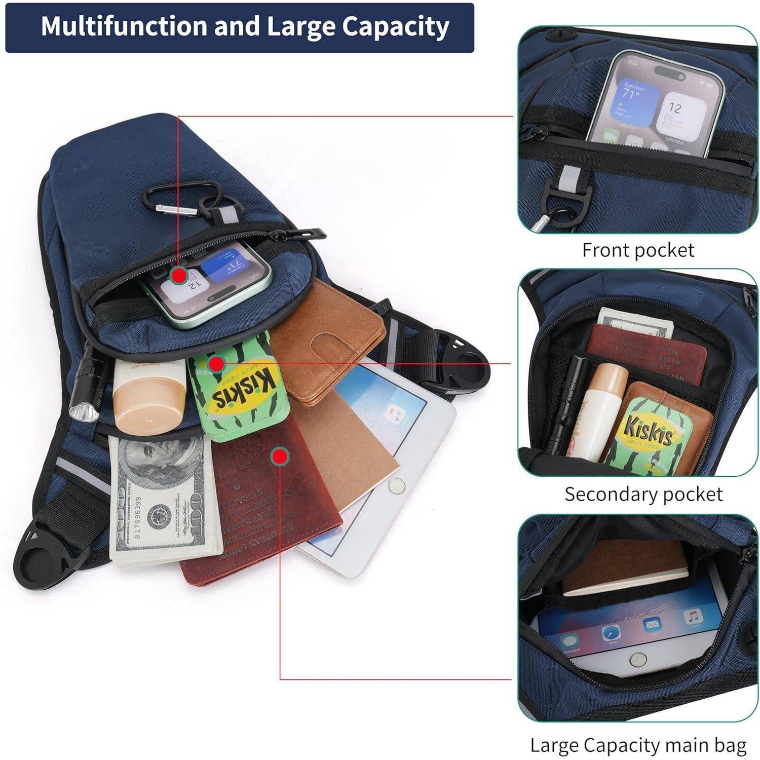 Rucksack-Organizer mit dem Text „Multifunktion und große Kapazität", der eine Vordertasche, eine Nebentasche und ein Hauptfach zeigt, in dem ein Telefon, Geldbörse, Tablet, Bargeld und Snacks aufbewahrt werden.