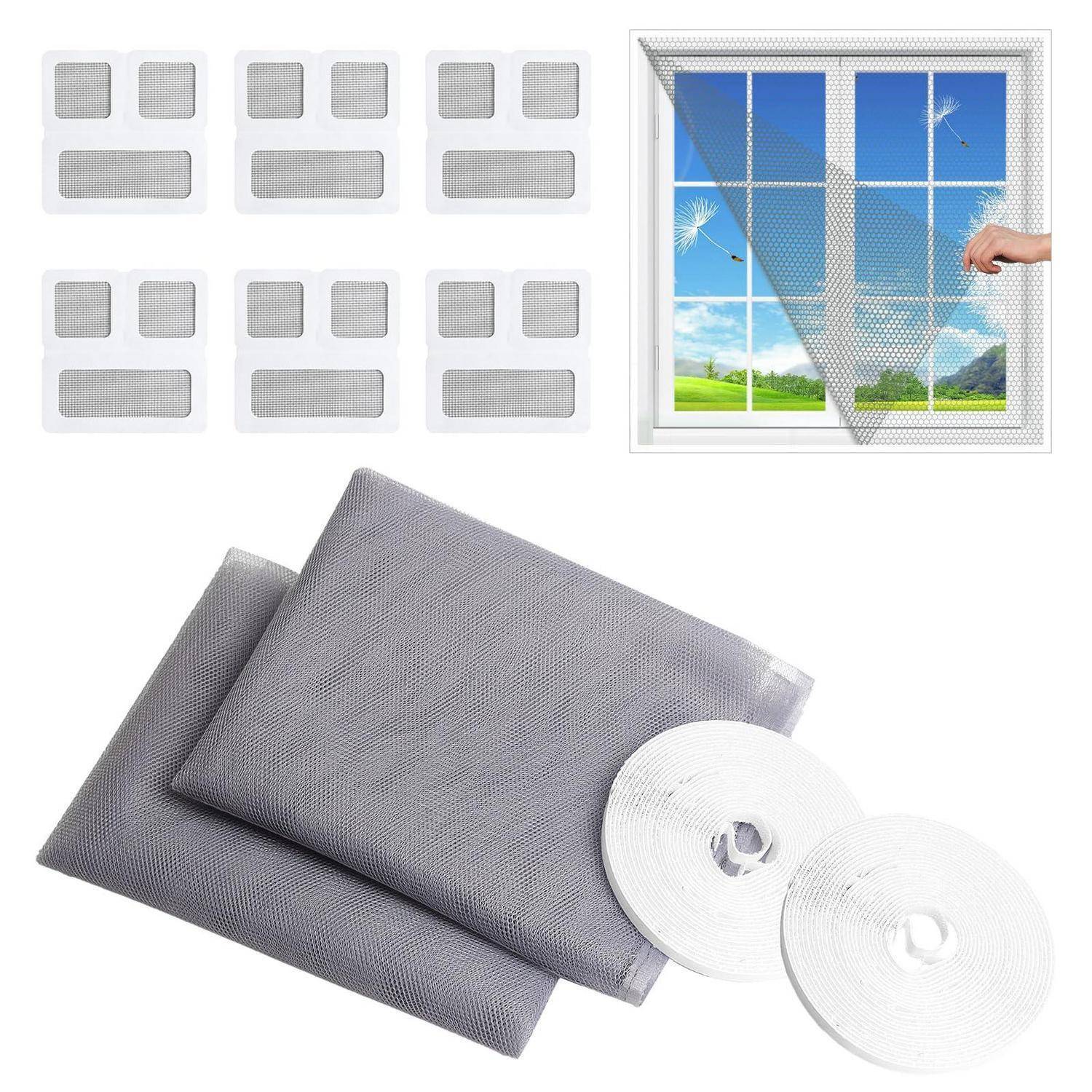 Fenster-Insektenschutzgitter-Reparaturset mit grauem Netz, Klebepflastern und zwei Rollen Reparaturband zum Reparieren von Rissen in Fenstersieben.