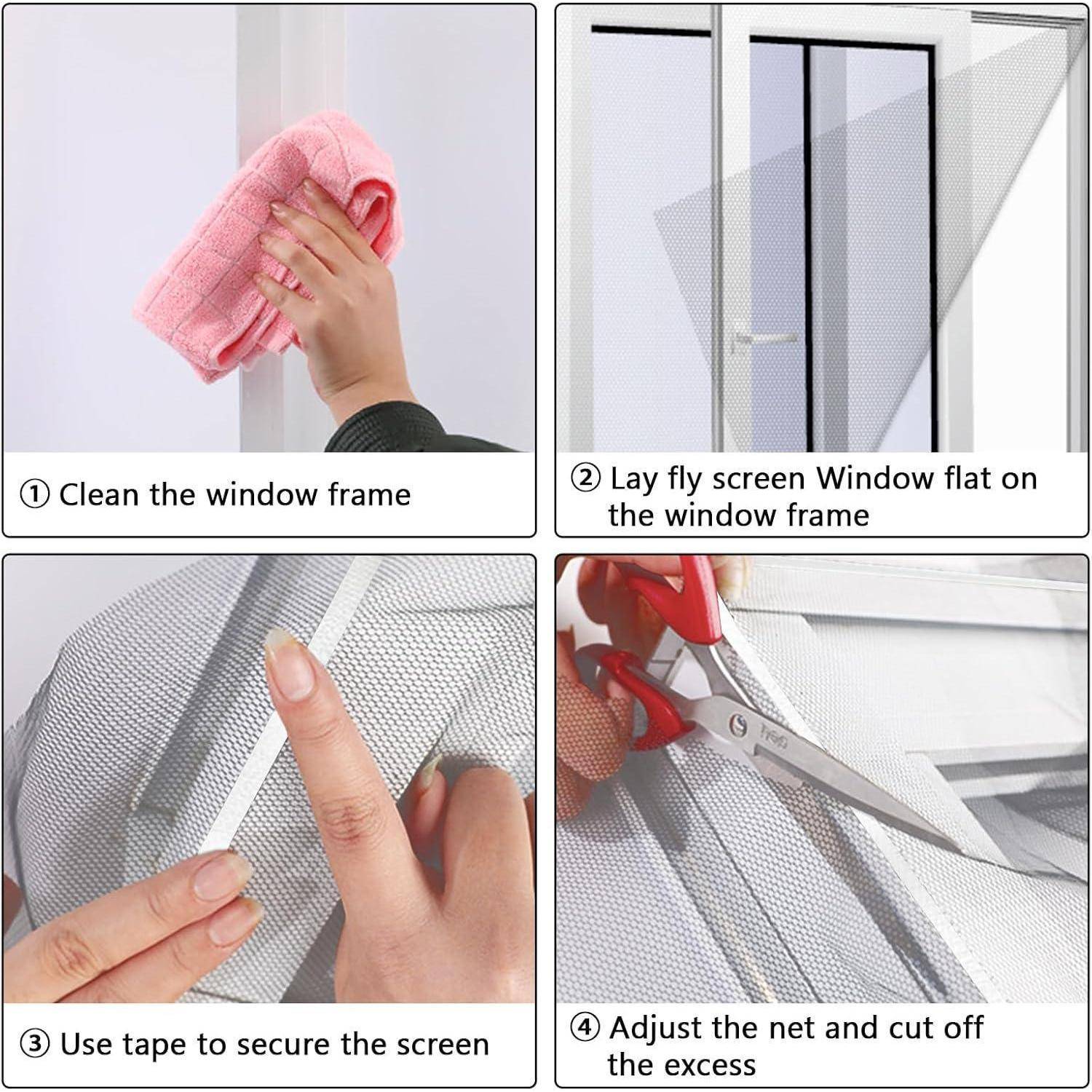 Vier-Schritt-Infografik zur Installation eines Fliegengitters auf einem Fensterrahmen: Rahmen reinigen, Gitter flach auslegen, mit Klebeband befestigen, dann überschüssiges Netz abschneiden.